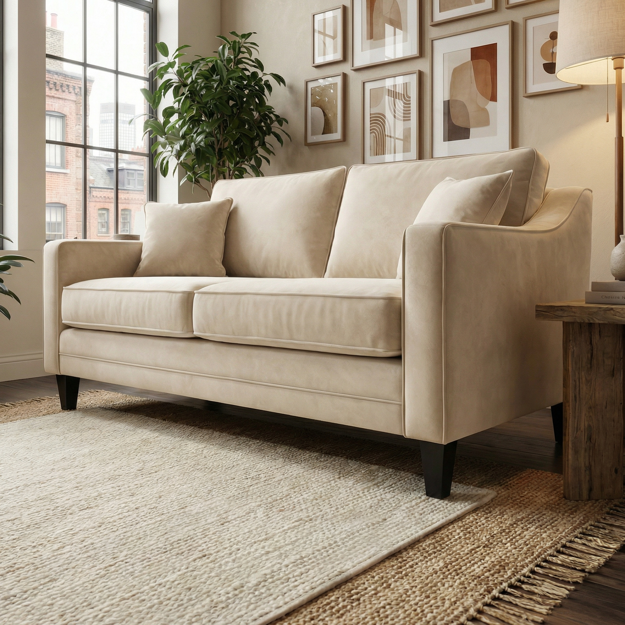 Wiltshire 2 Seat Velvet Sofa in Cream with two cushions in a sunlit living room, placed beside a plant, rug, and modern wall art.