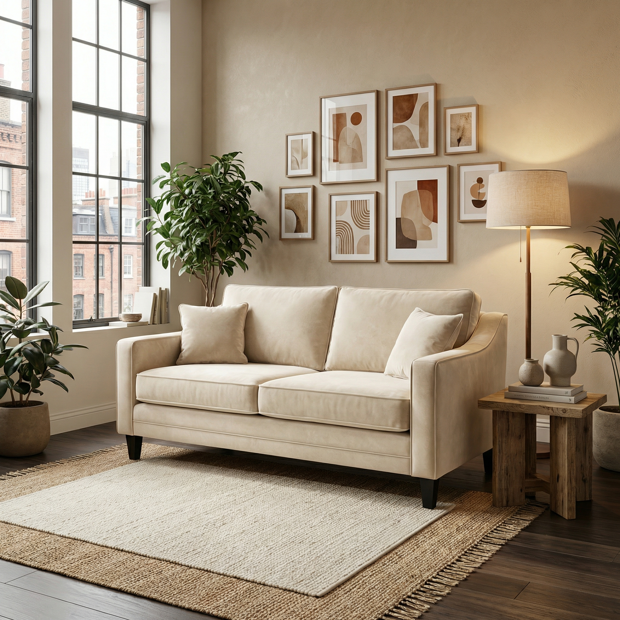 Wiltshire 2 Seat Velvet Sofa in Cream with cushions in a cozy living room, surrounded by plants, art, and soft natural light.