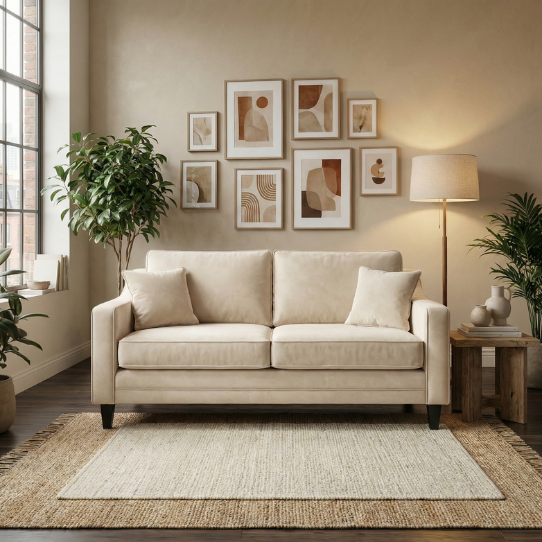 A cozy living room features a Wiltshire 2 Seat Velvet Sofa in Cream, complemented by accent pillows, vibrant indoor plants, and abstract wall art.