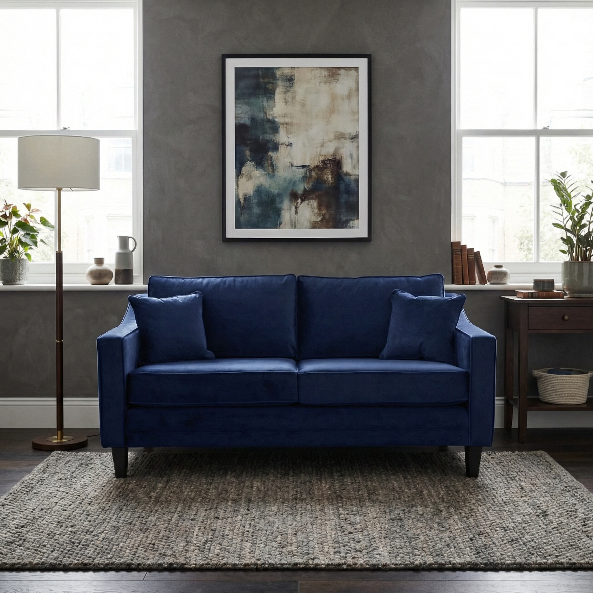 The Wiltshire 2 Seat Velvet Sofa in Royal Blue, complete with cushions, sits on a gray rug between two windows and beneath abstract wall art.