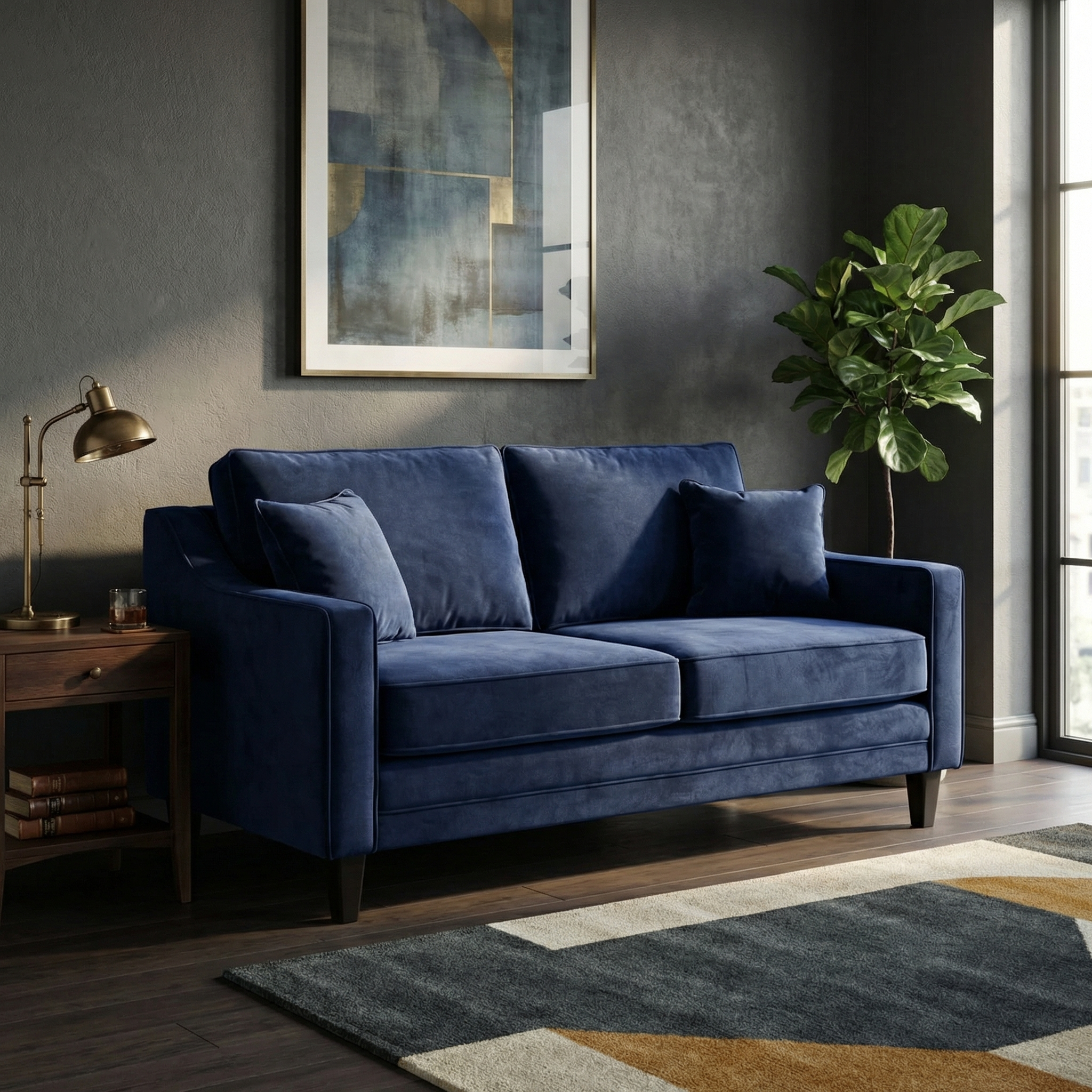 The Wiltshire 2 Seat Velvet Sofa in Royal Blue, featuring plush cushions, sits next to a wooden side table with a lamp and books, creating a cozy and inviting atmosphere.