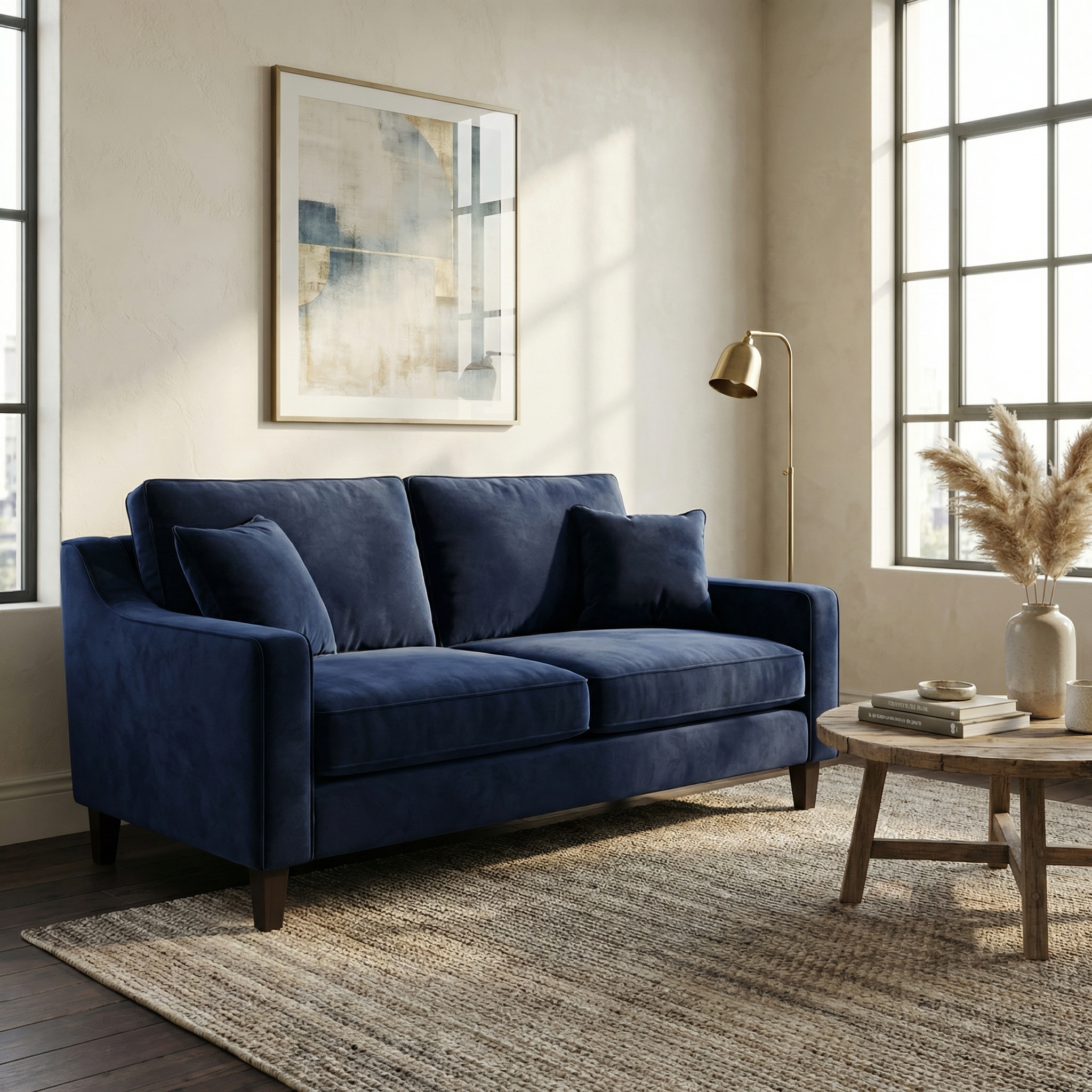 A Wiltshire 2 Seat Velvet Sofa in Royal Blue with accent pillows rests on a jute rug in a sunlit room featuring large windows and modern art.
