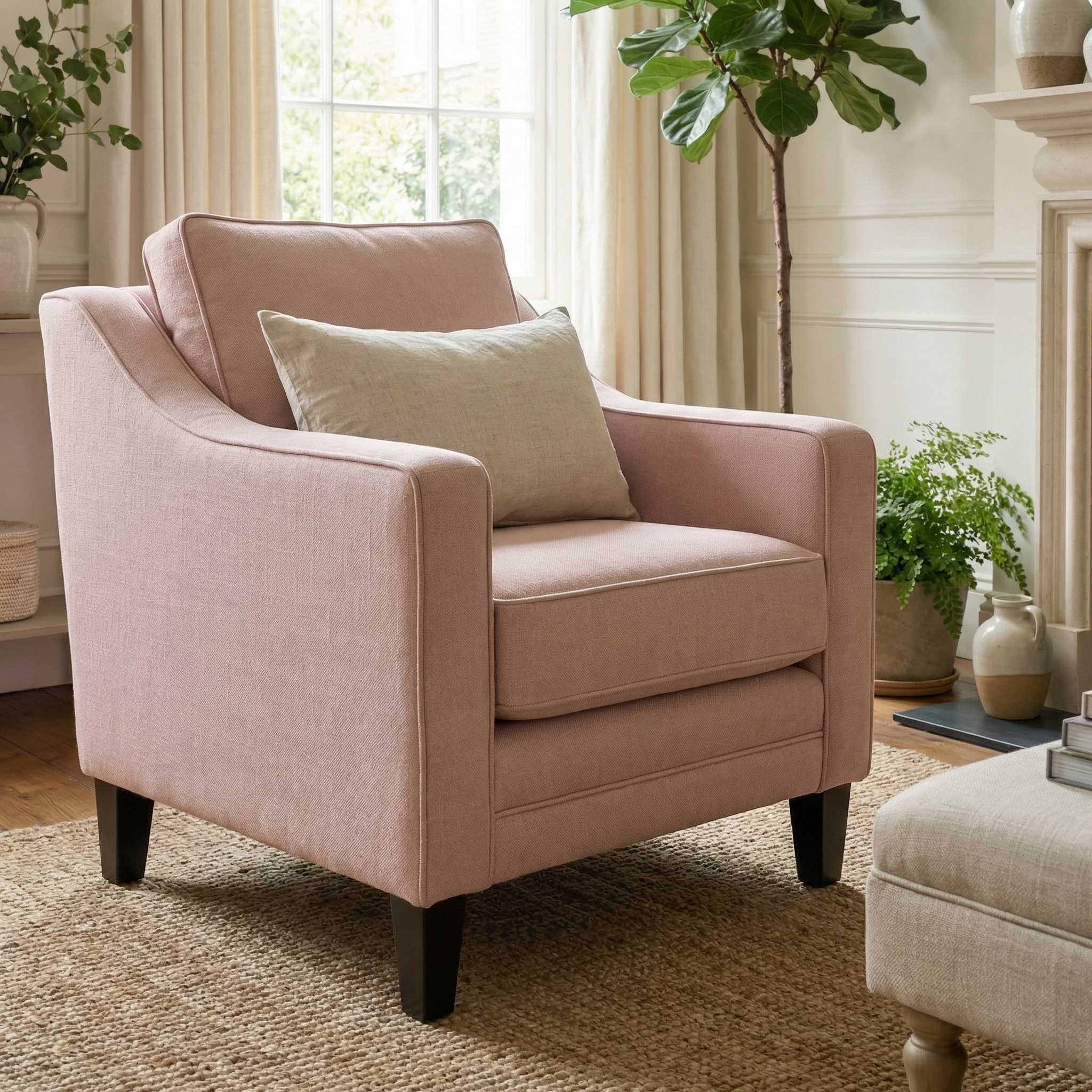 The Wiltshire Armchair in Dusky Pink, with a light cushion, sits in a bright, cozy living room filled with plants and natural light.
