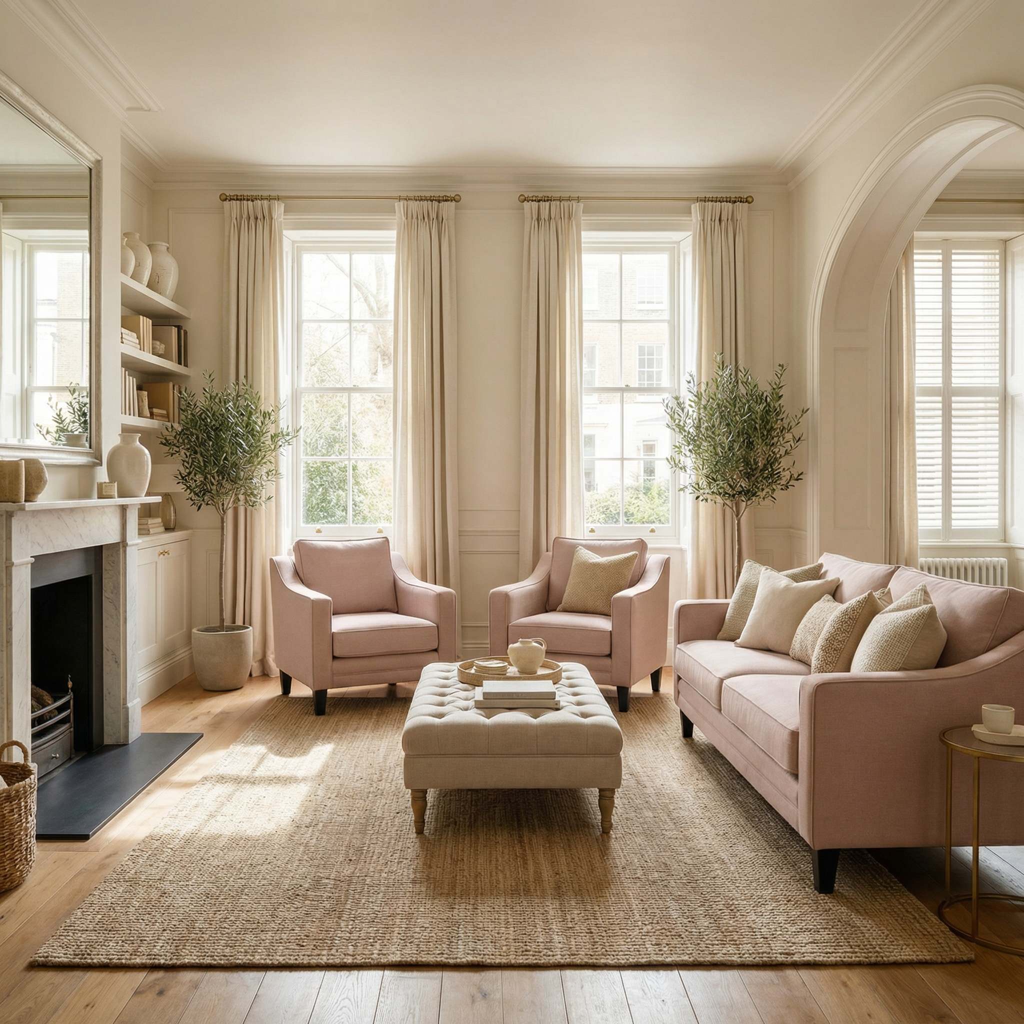 Bright living room with pink sofas, the Wiltshire Armchair in Dusky Pink, a beige rug, large windows, potted plants, and neutral decor.