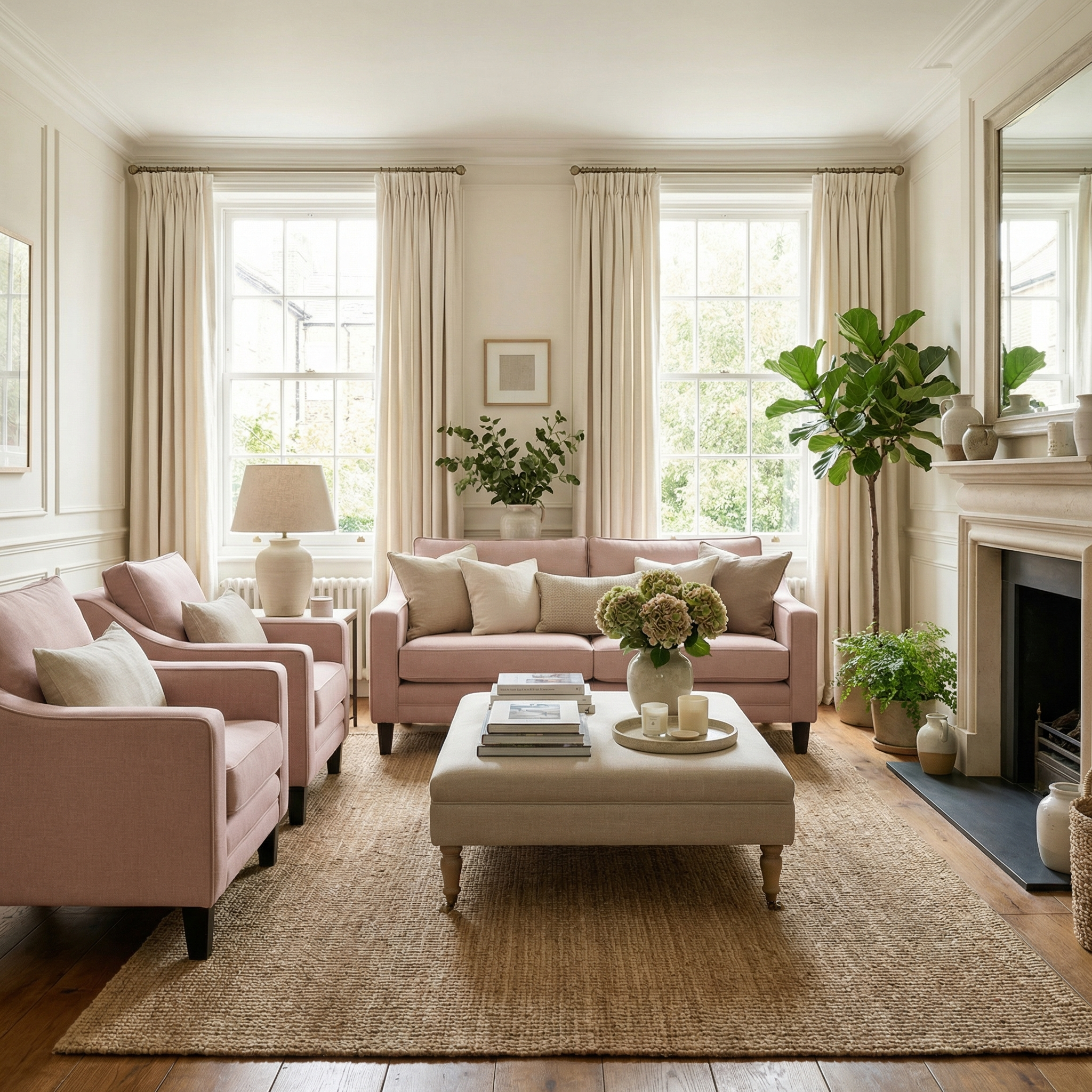 Elegant living room with pink sofas, a Wiltshire Armchair in Dusky Pink, neutral decor, plants, large windows, and a beige rug.