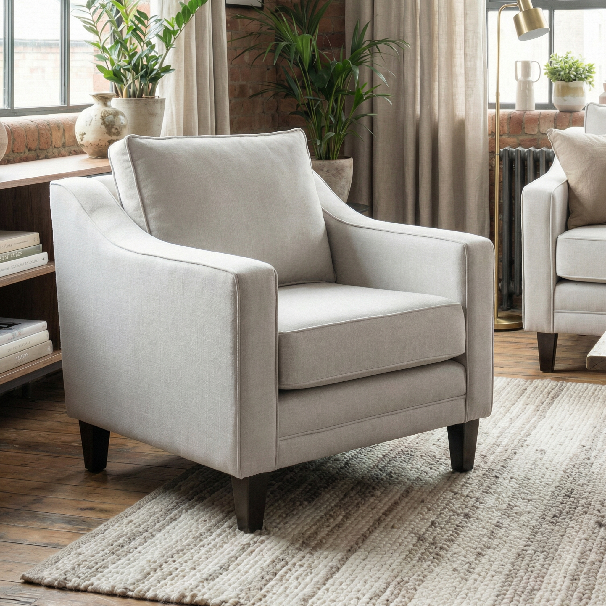 Light bounces off the Wiltshire Armchair in Warm Grey, featuring bounce-back cushions, as it sits on a textured rug in a cozy living room with plants and natural light.