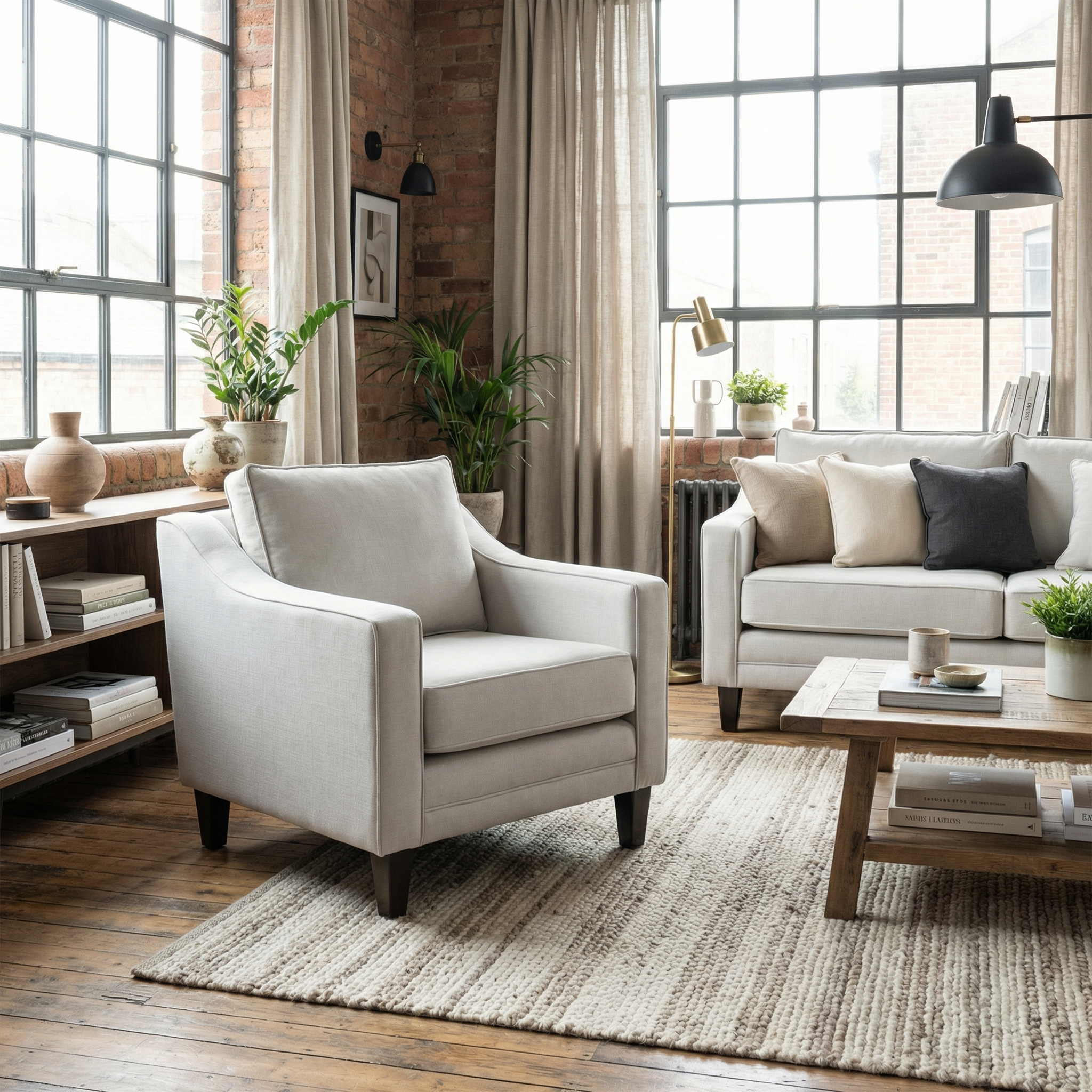 Bright living room with a Wiltshire Armchair in Warm Grey featuring bounce-back cushions, plus a cozy sofa, plants, rug, and large windows letting in natural light.