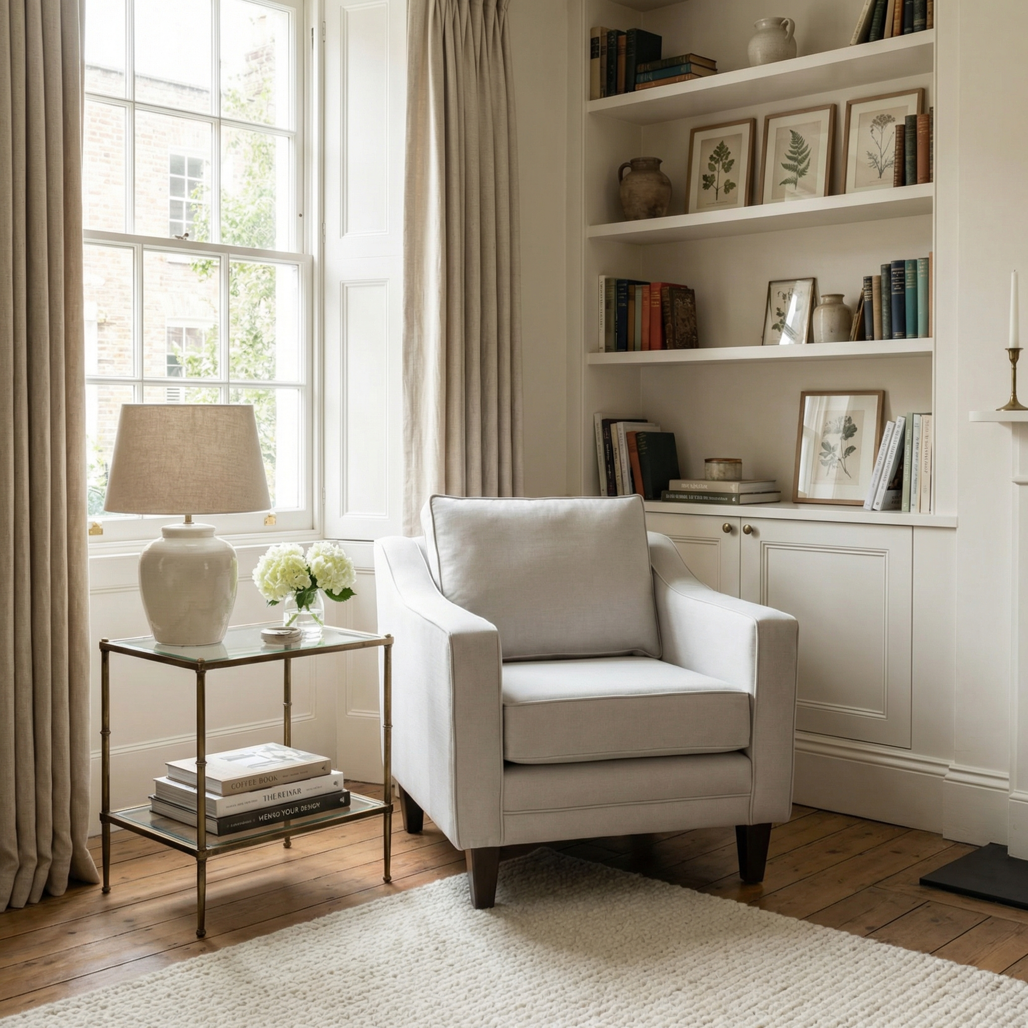 A cozy reading nook featuring a Wiltshire Armchair in Warm Grey with bounce-back cushions, a side table, lamp, bookshelves, and a window dressed in beige curtains.