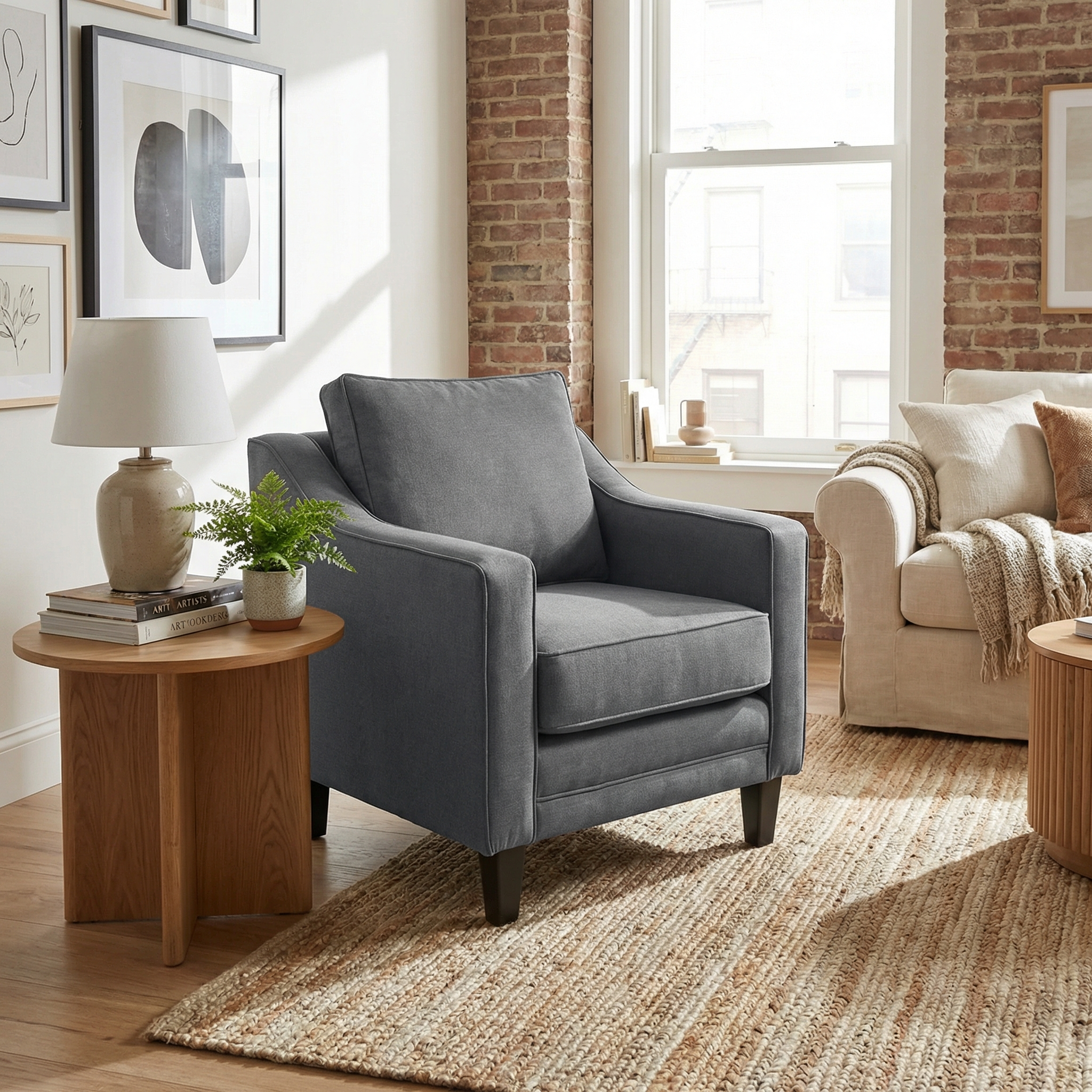 The Wiltshire Armchair in Smoke Grey anchors this cozy living room, complemented by a rug, side table, and framed wall art.