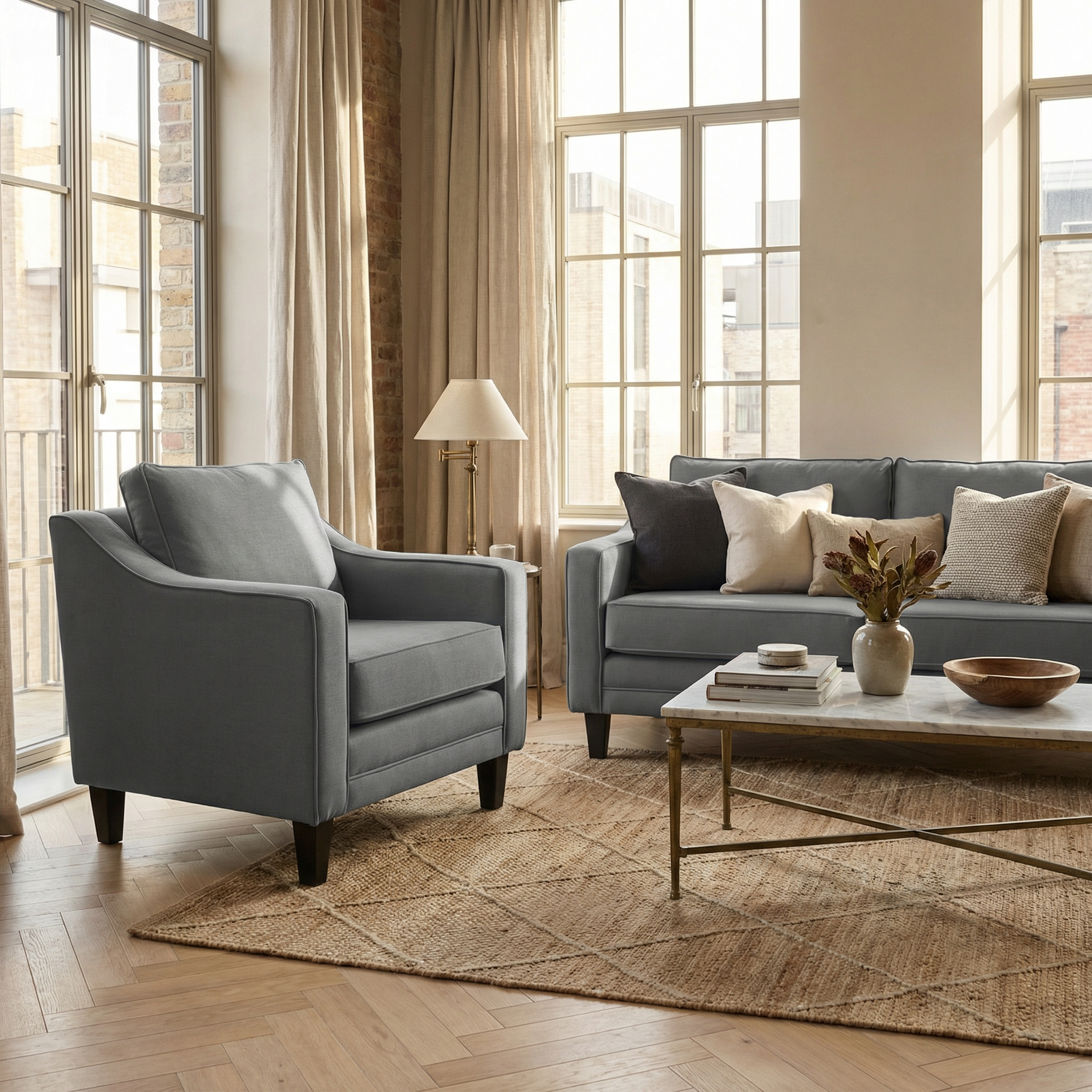 A modern living room with a Wiltshire Armchair in Smoke Grey, sofa, coffee table, and large windows filling the space with natural light.