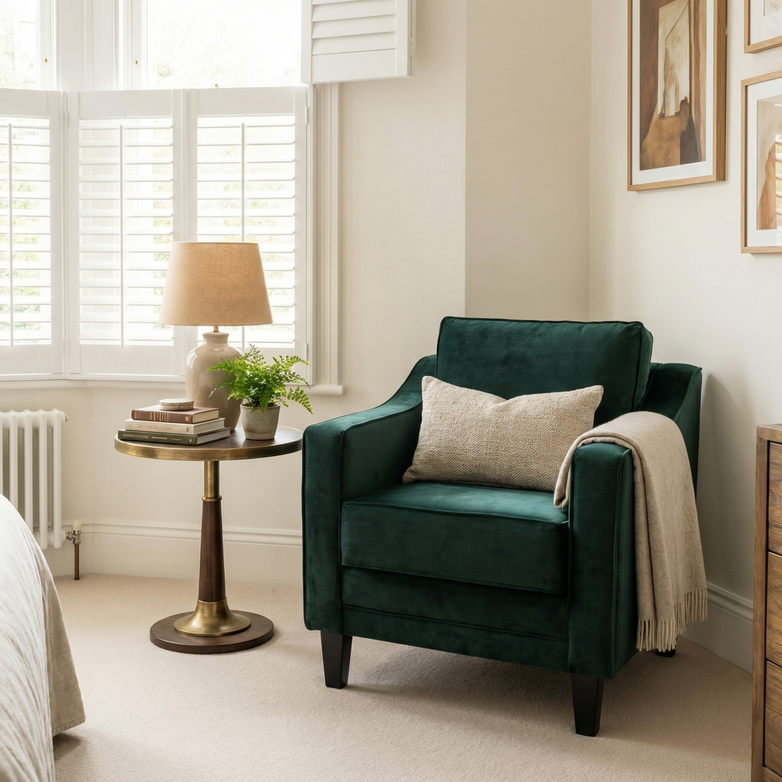 The Wiltshire Velvet Armchair in Bottle Green, complete with a pillow and blanket, sits next to a round table holding a lamp and plant in a bright room.