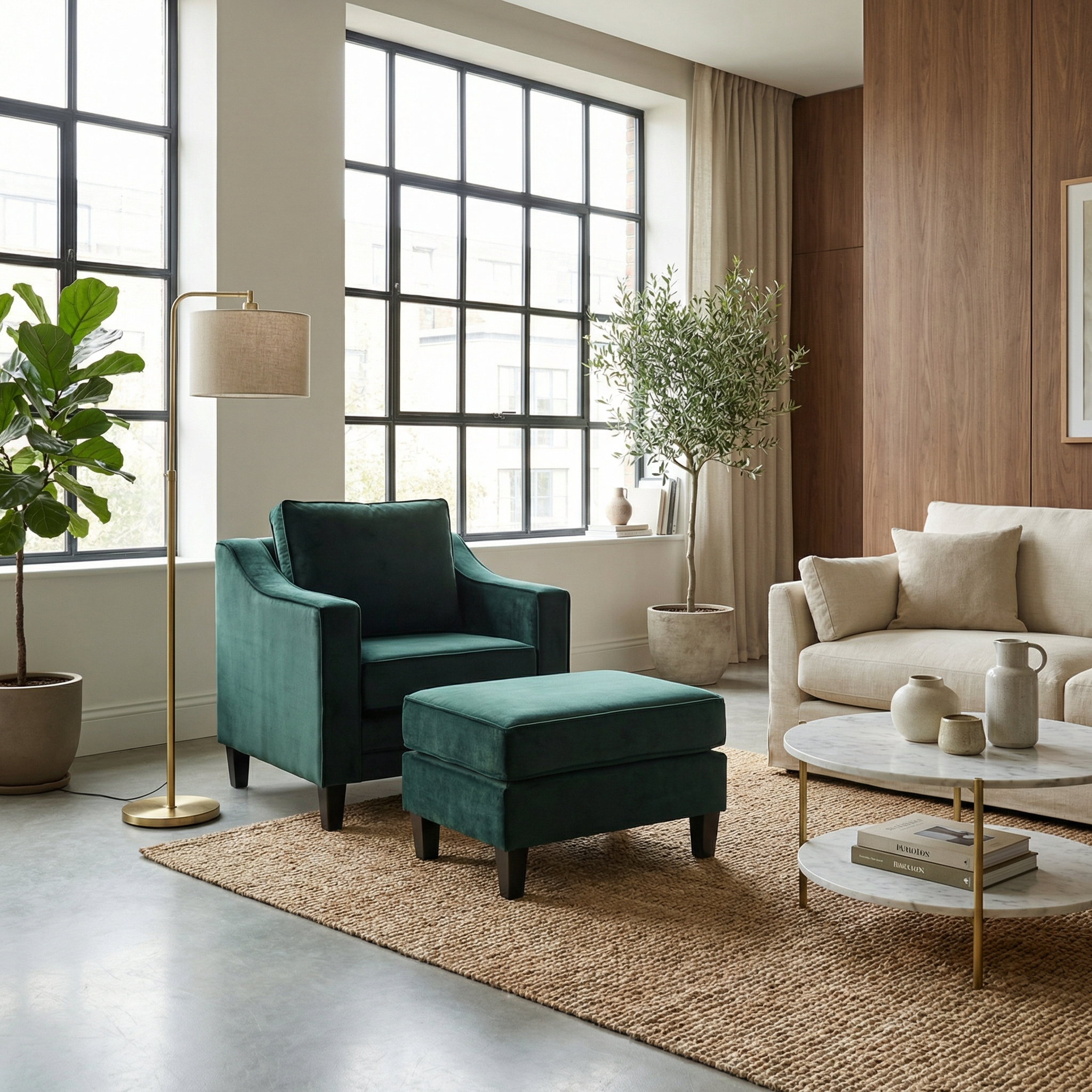 Modern living room featuring the Wiltshire Velvet Armchair in Bottle Green, ottoman, beige sofa, large windows, lush plants, and a stylish floor lamp.