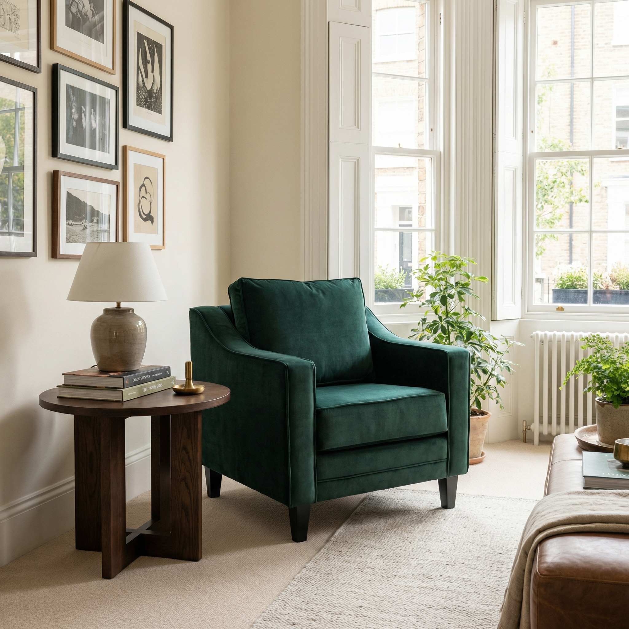 The Wiltshire Velvet Armchair in bottle green sits beside a wooden side table with a lamp, adding elegance to this bright, cozy living room.