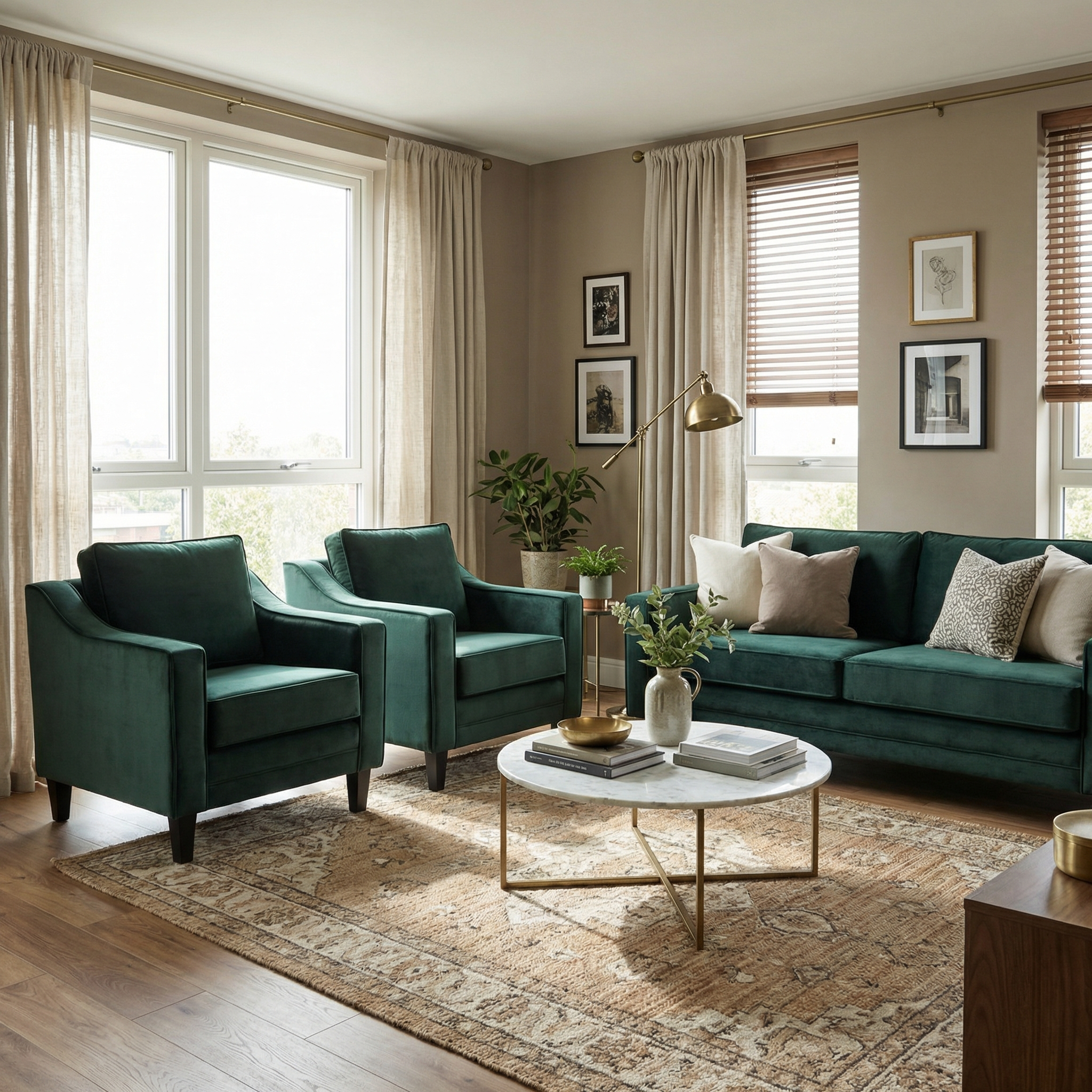 Modern living room featuring the Wiltshire Velvet Armchair in Bottle Green, a matching sofa and chairs, round coffee table, lush plants, and framed wall art.