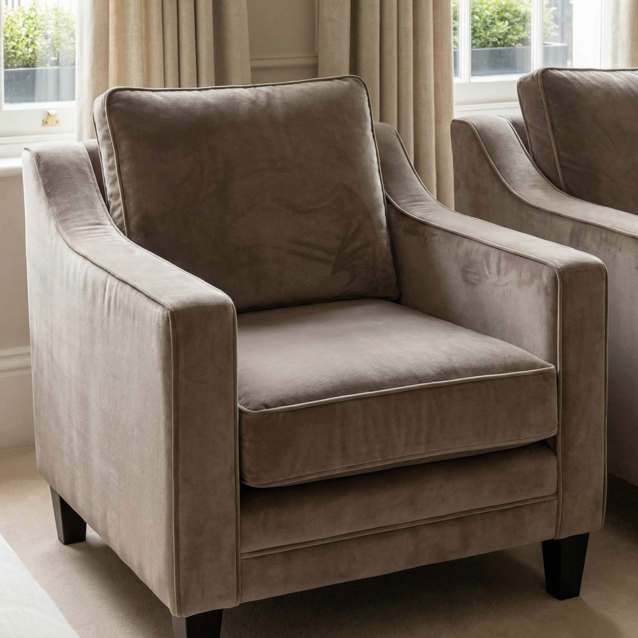 A Wiltshire Velvet Armchair in Mink with soft fabric upholstery sits near a window with beige curtains.