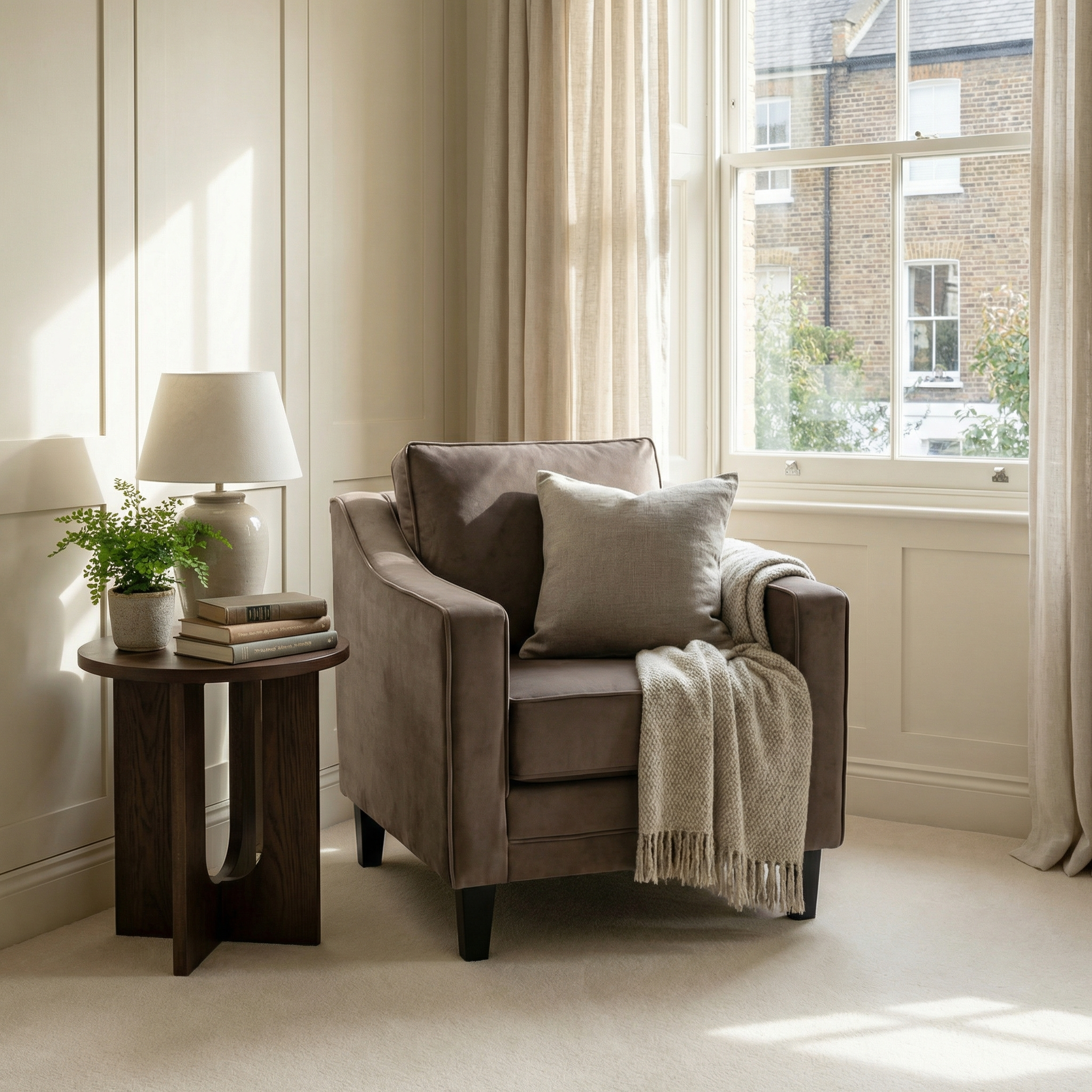 The Wiltshire Velvet Armchair in Mink adds an inviting touch to the corner of the room.