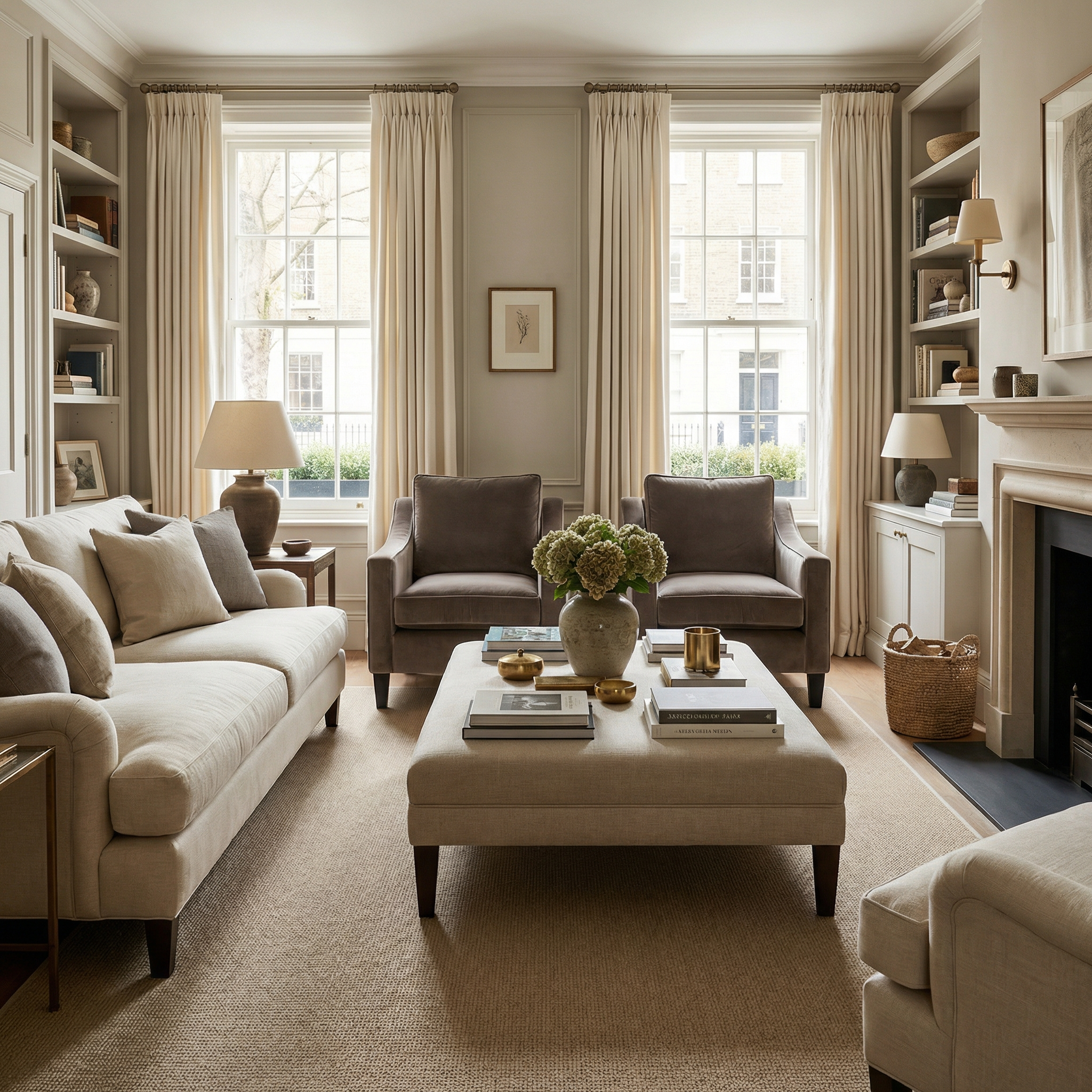 Elegant living room with neutral tones, a Wiltshire Velvet Armchair in Mink, two armchairs, a sofa, and a large ottoman topped with a flower vase.