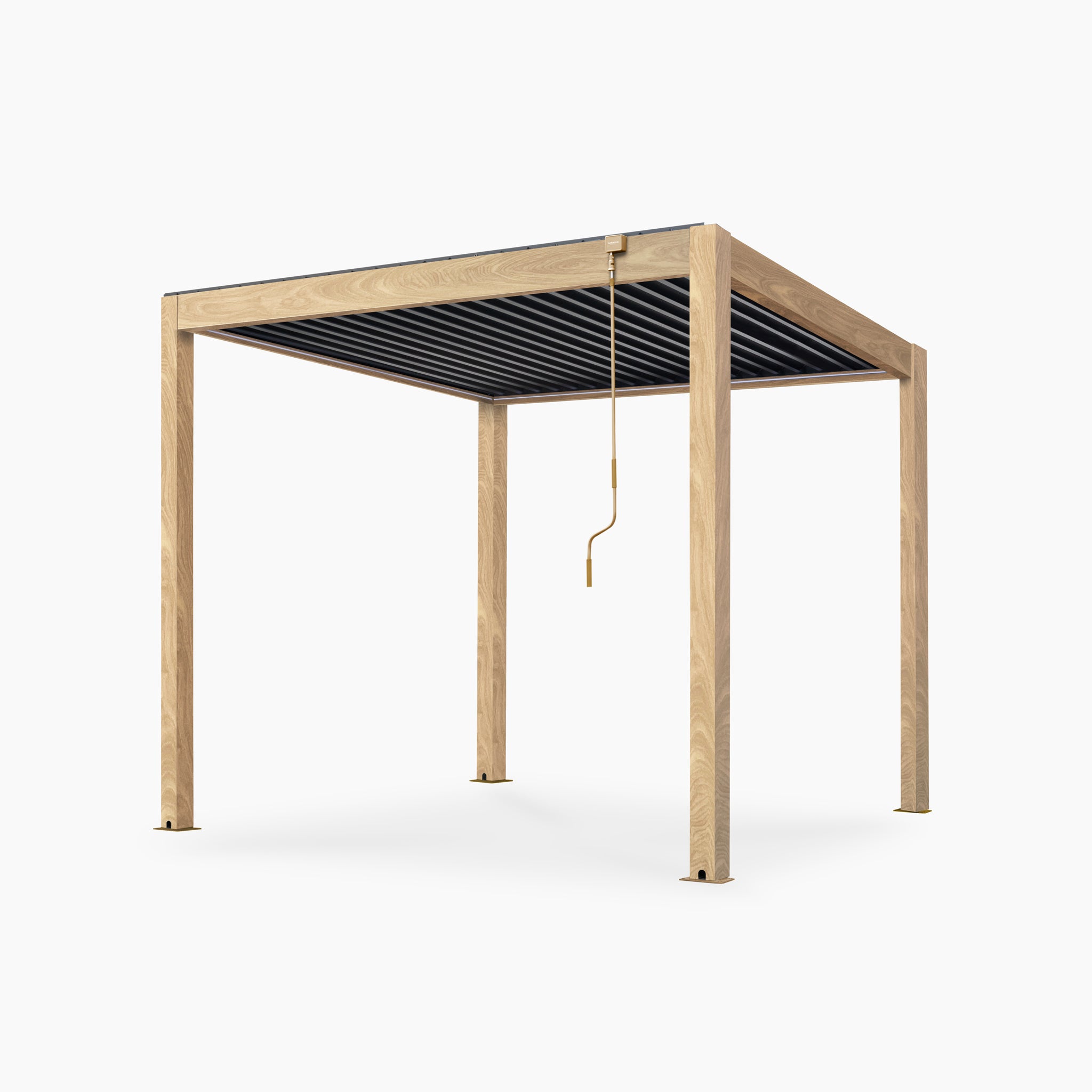 The PergoSTET Plus 3m x 3m Square Pergola with LED Lighting and Wood Effect - Frame Only features a wood-look frame, black slatted roof, and gold-colored crank, shown on a white background.