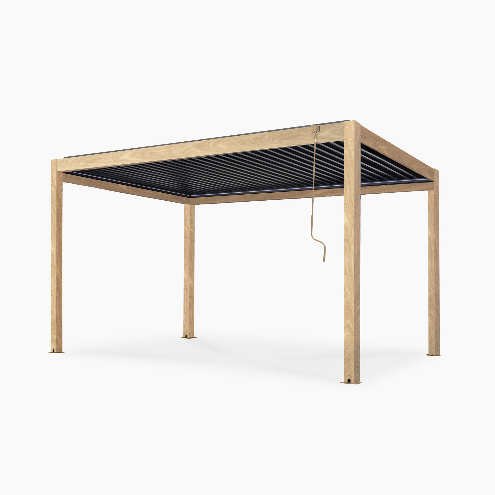 The PergoSTET Plus 3m x 4m Rectangular Pergola features a wood-effect frame, slatted black louvre roof, and convenient side hanging metal crank. Includes integrated LED lighting. Frame only.