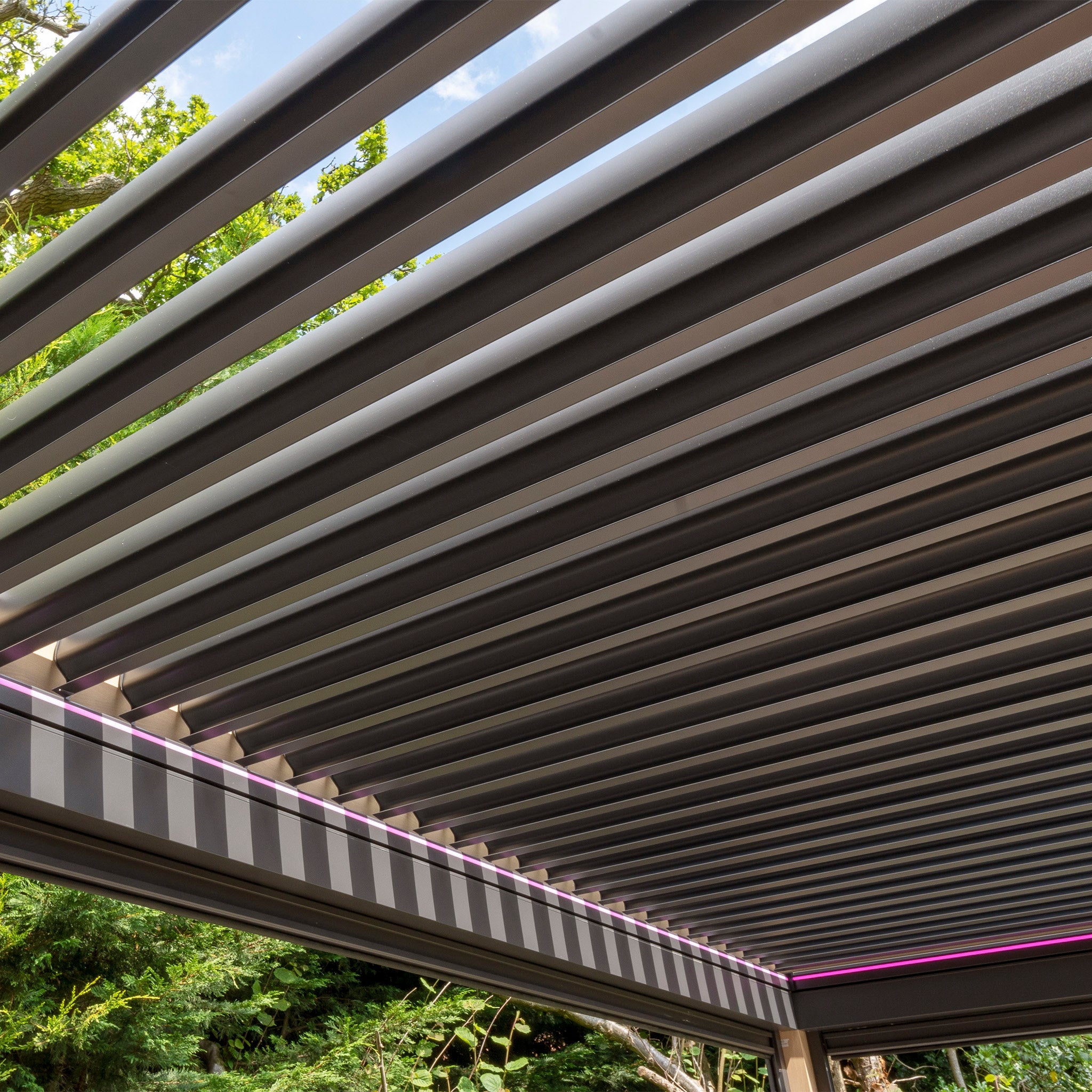 Against a backdrop of trees and sky, the modern PergoSTET Plus 3m x 4m Rectangular Pergola with 3 drop sides and LED lighting in wood effect adds a hint of purple illumination.