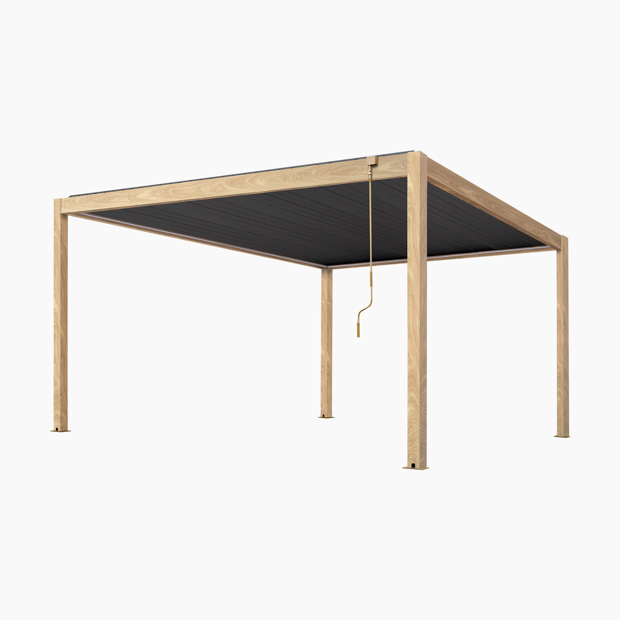 The PergoSTET Plus Frame Only 4m x 4m Square Pergola features LED lighting and a wood effect finish, offering a modern waterproof roof solution—perfect for stylish outdoor spaces, shown isolated on a white background.