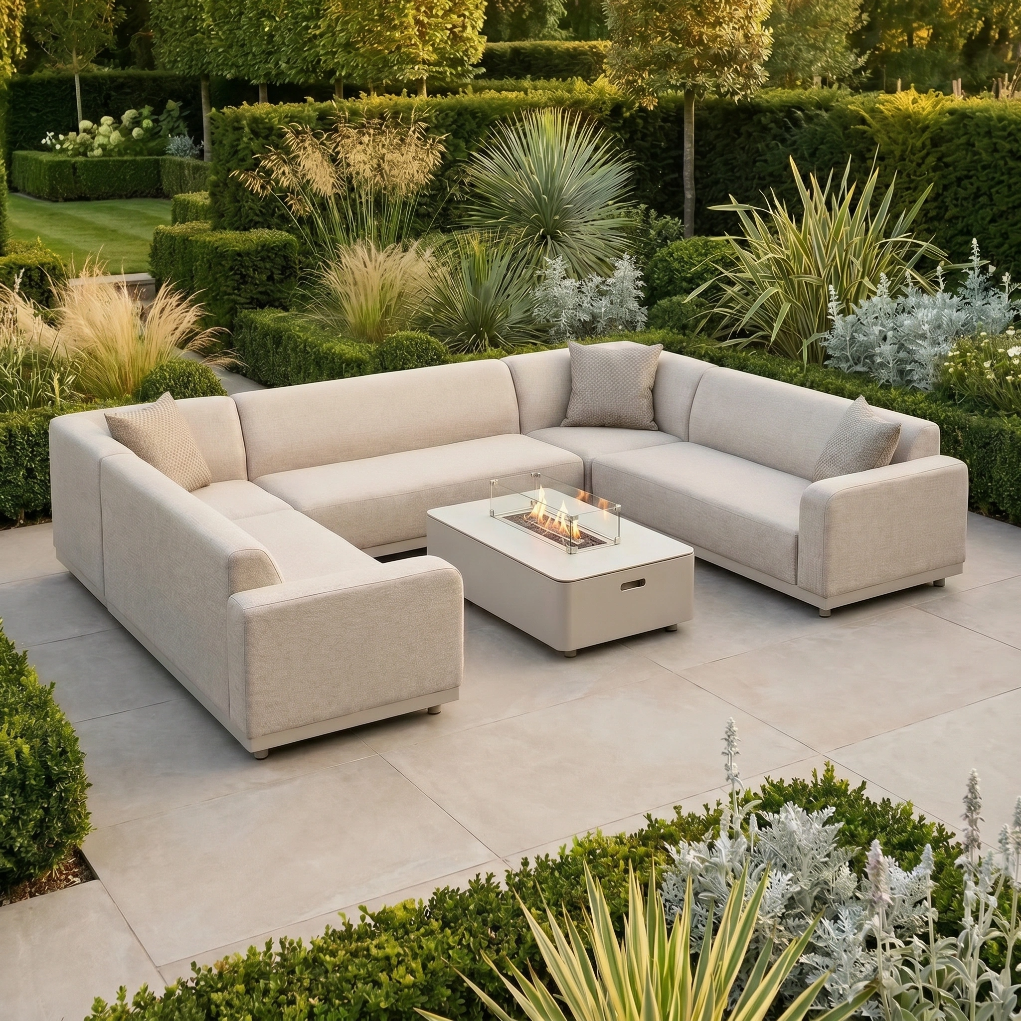 A beige L-shaped outdoor sofa with solution-dyed acrylic cushions and a firepit table sits among green garden plants. The inviting space is enhanced by Agora Senda Taupe Medium Scatter Cushions (45cm x 45cm) for added comfort and style.