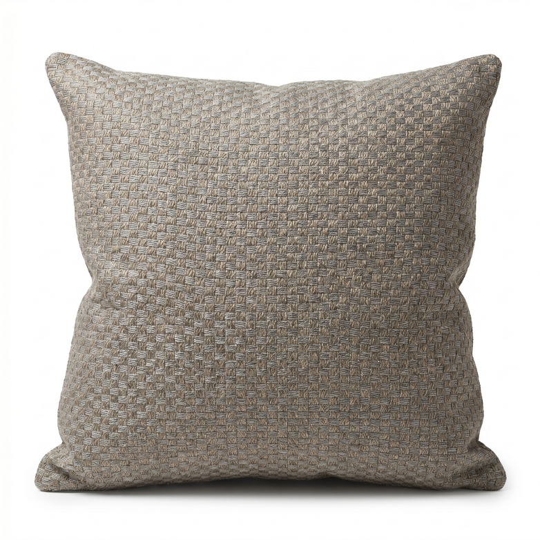 The Agora Senda Taupe Medium Scatter Cushion (45cm x 45cm) features a textured, woven pattern in light brown and gray. Great for indoor or outdoor use, it pairs well with other scatter cushions and looks elegant against a white backdrop.