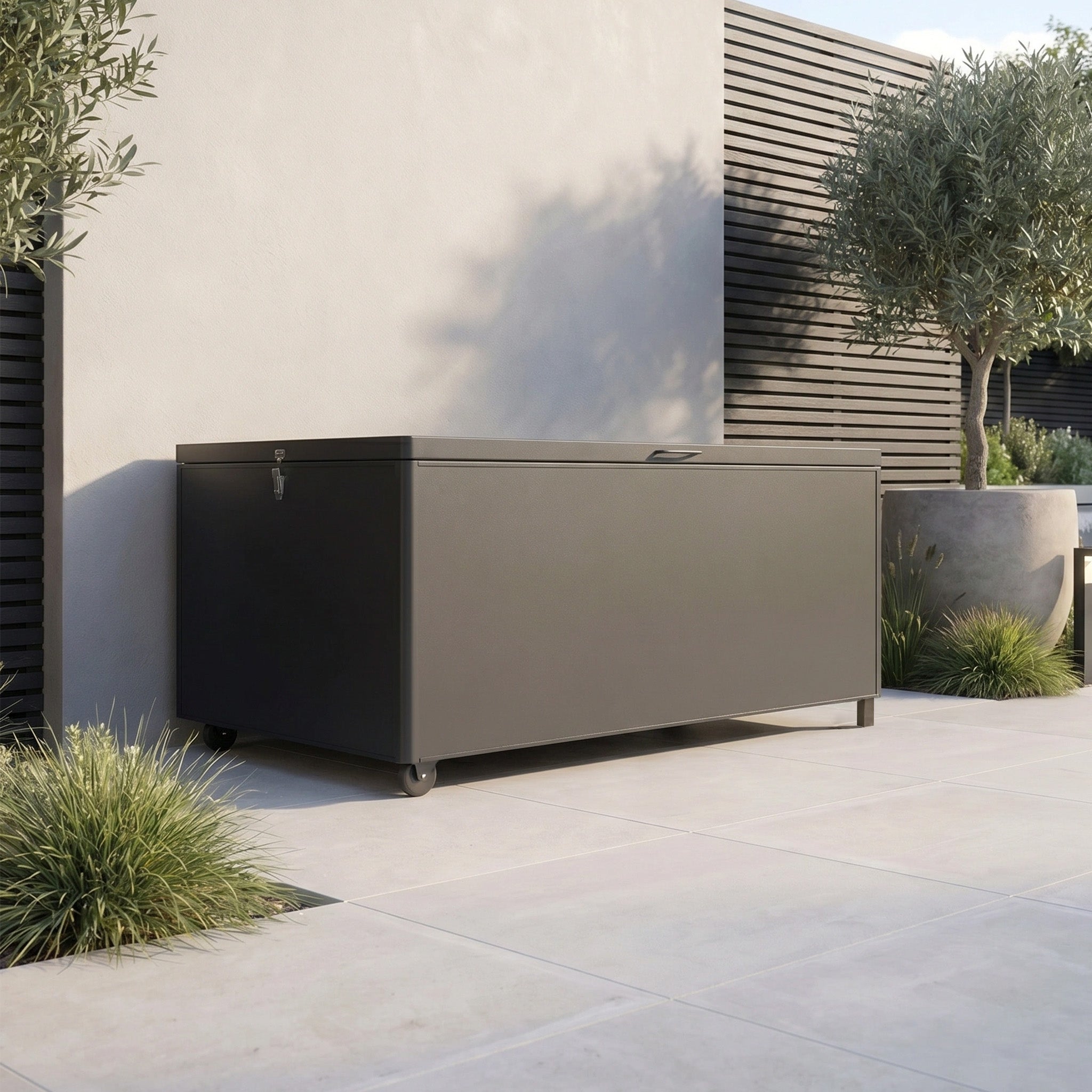 Large Aluminium Storage Box in Grey with wheels placed on a tiled patio, surrounded by potted plants and shrubbery.