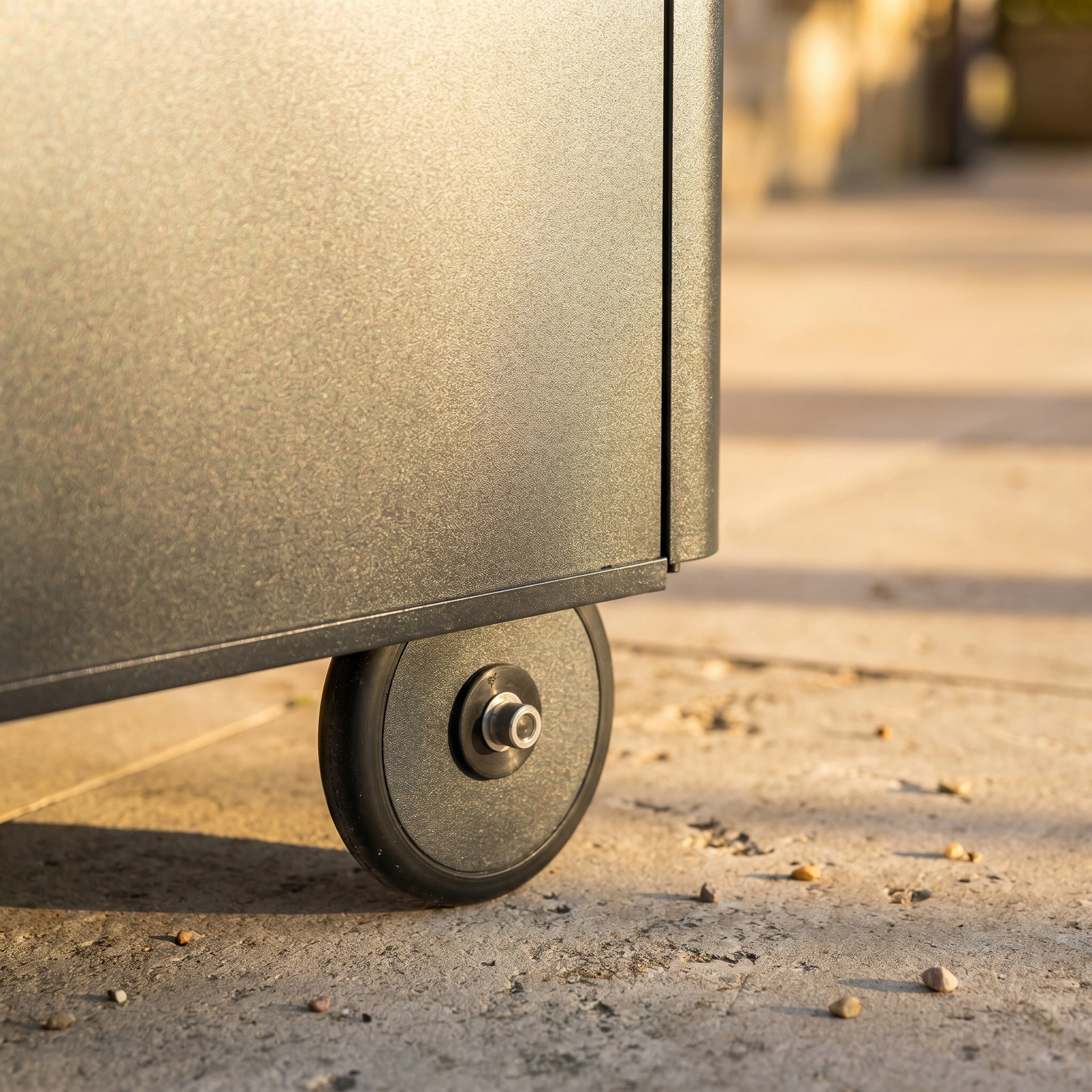 Close-up of a black wheel attached to the bottom of the Small Aluminium Storage Box in Grey, shown on a stone surface outdoors.