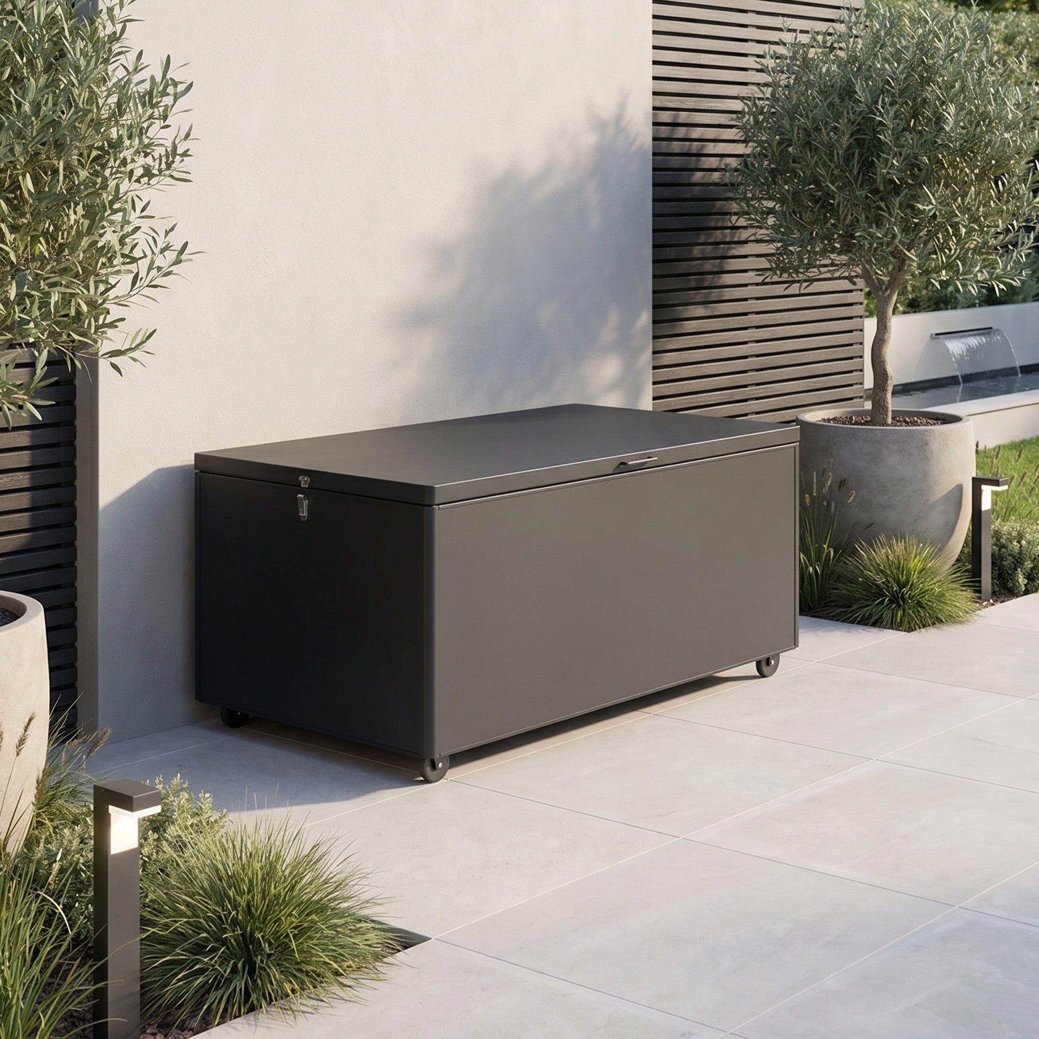 The Large Aluminium Storage Box in Grey sits on a patio beside potted plants and modern lighting, providing stylish waterproof outdoor storage.