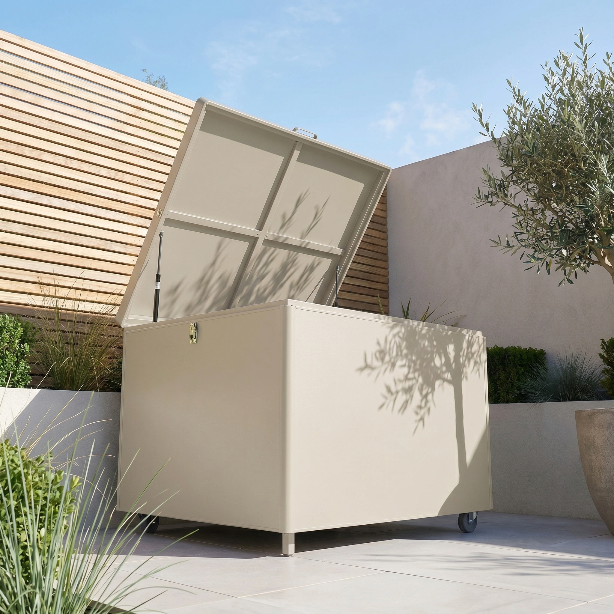 Small Aluminium Storage Box in Latte with open lid on a patio, surrounded by plants and modern wooden fencing.