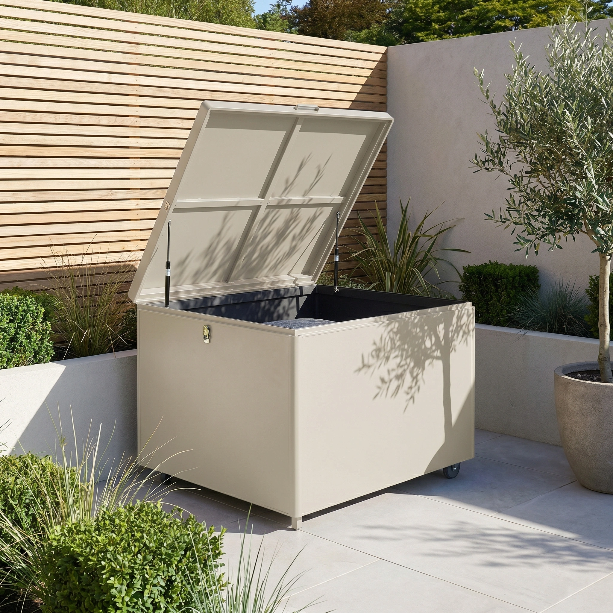 A small aluminium storage box in latte with an open lid sits on a patio surrounded by plants.