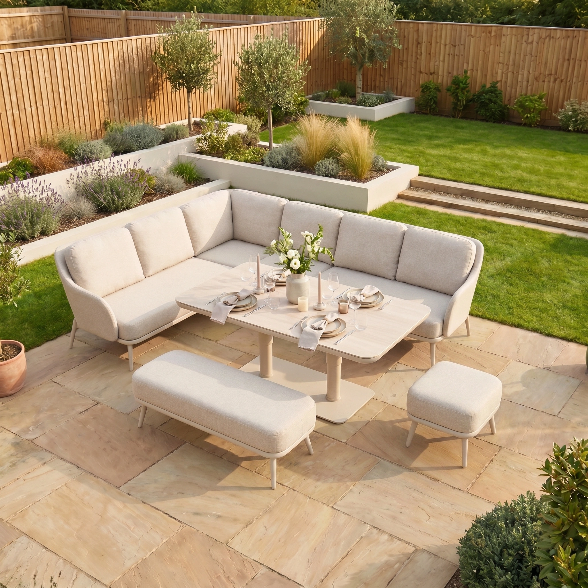 The Alva Corner Dining Set with Rising Table in Fawn features beige cushions and a versatile design, perfect for outdoor entertaining and enhancing any garden or lawn space.