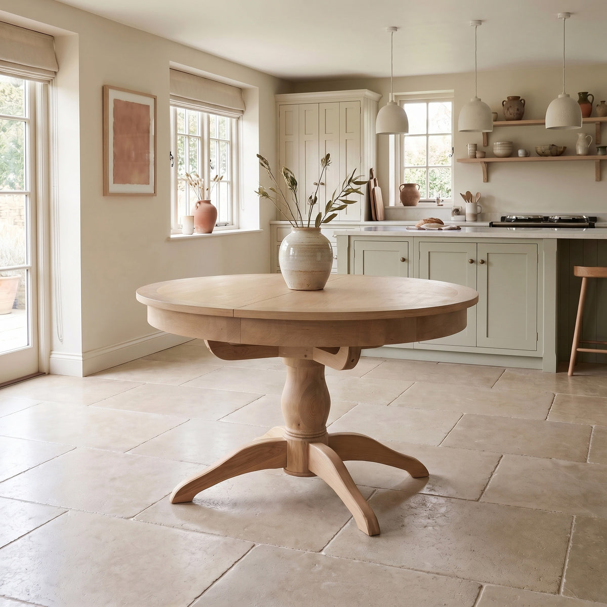Amberley 4-6 Seater Round Extending Dining Table in Light Oak in a bright kitchen with beige cabinets and tiled floor.