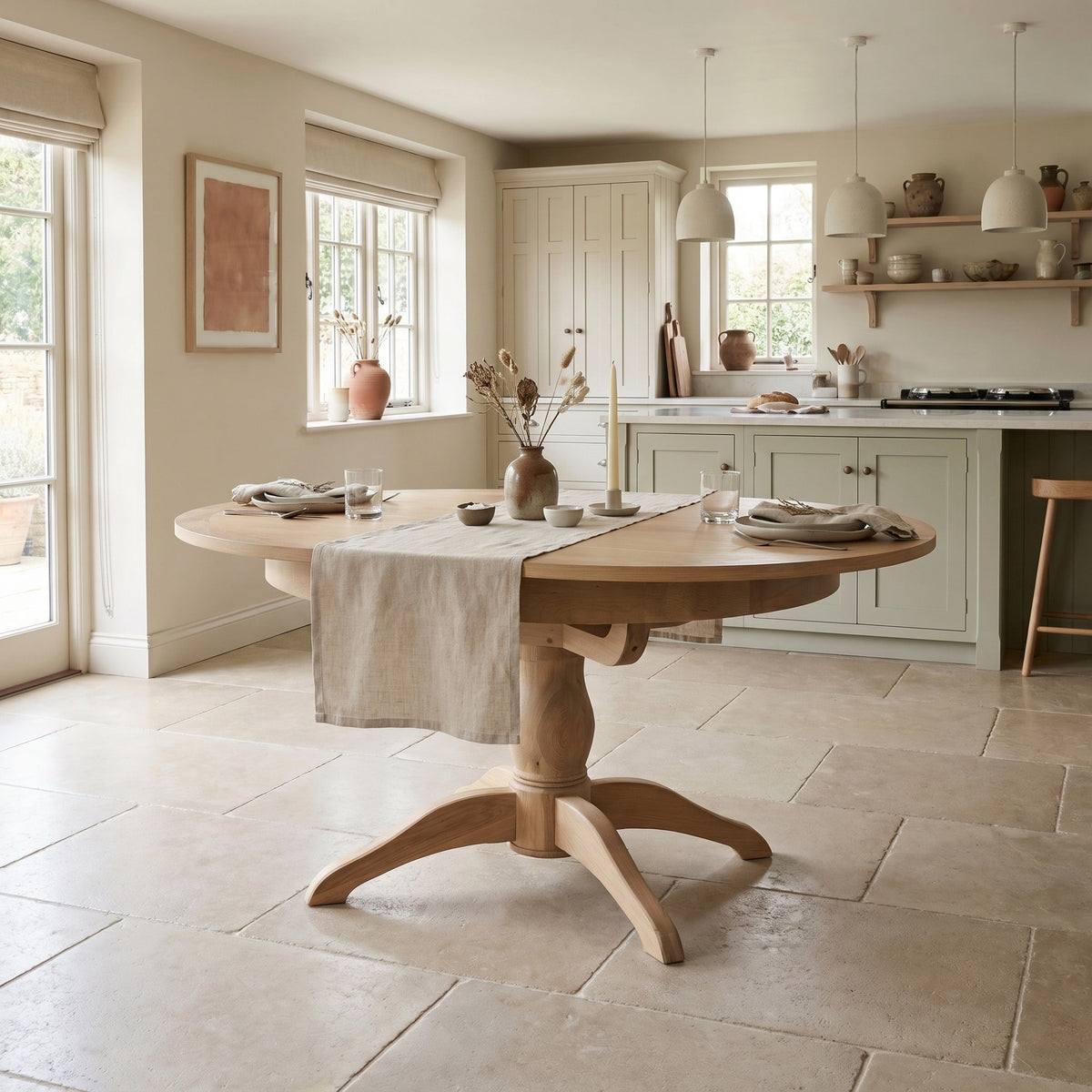 Amberley 4-6 Seater Round Extending Dining Table in Light Oak with beige runner in a bright, minimalist kitchen.