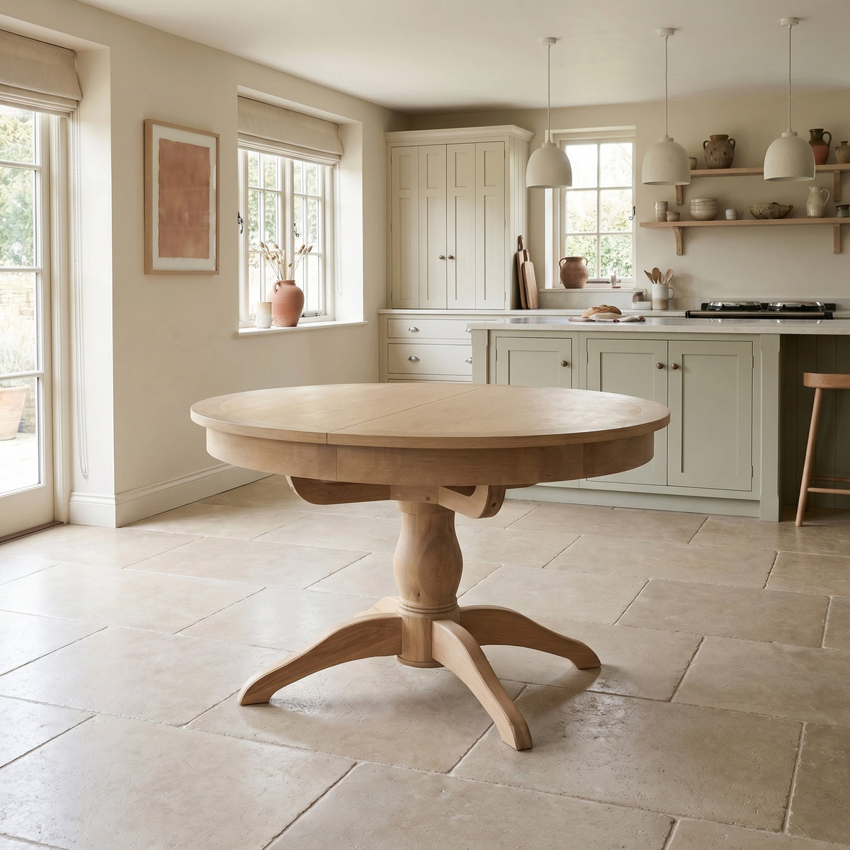 Amberley 4-6 Seater Round Extending Dining Table in Light Oak in a bright kitchen with beige cabinets and sunlit windows.