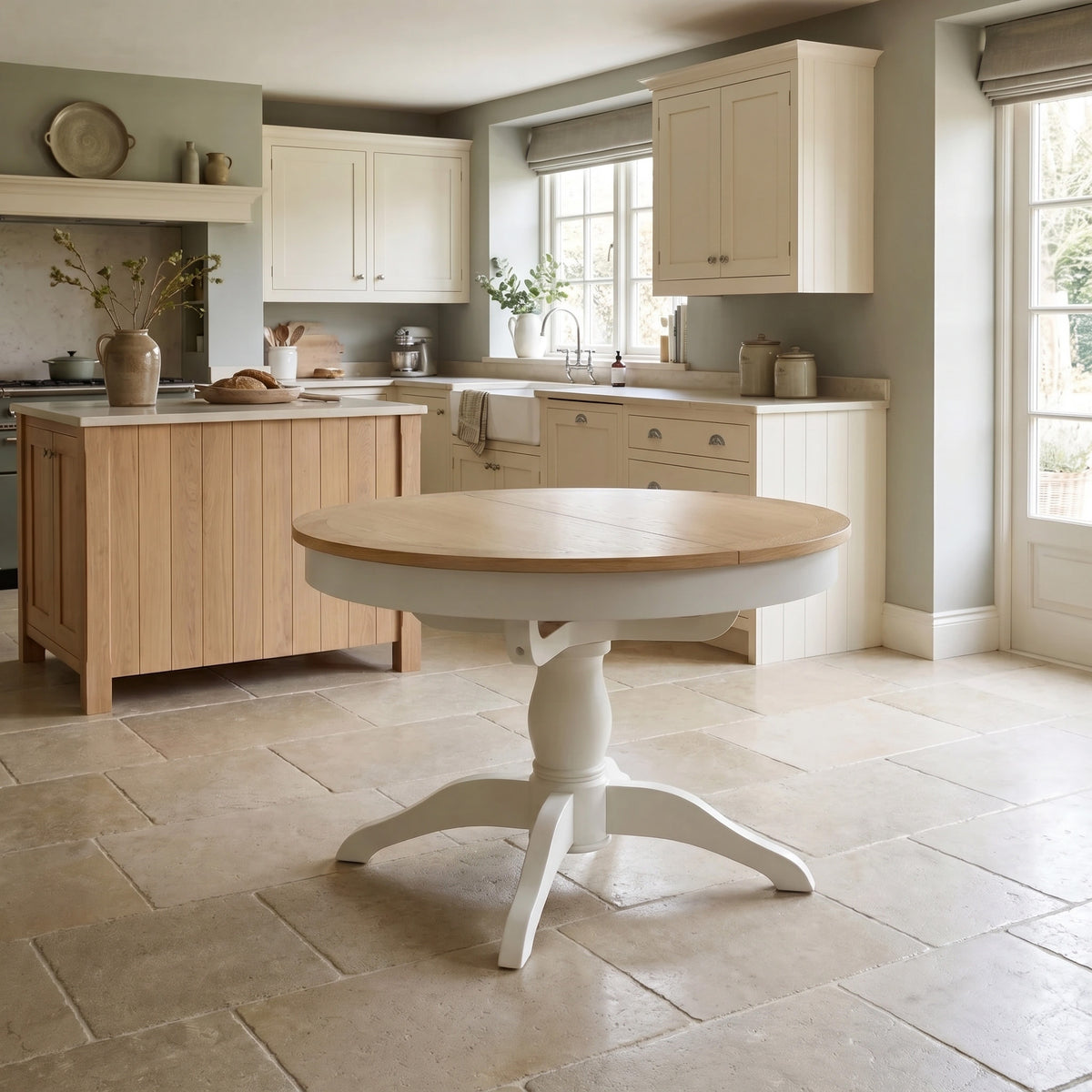 Amberley 4-6 Seater Round Extending Dining Table in Warm White on tiles in a bright kitchen with white cabinets.
