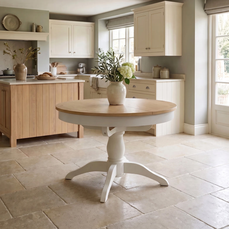 The Amberley 4-6 Seater Round Extending Dining Table in Warm White sits in a bright kitchen with light cabinets.