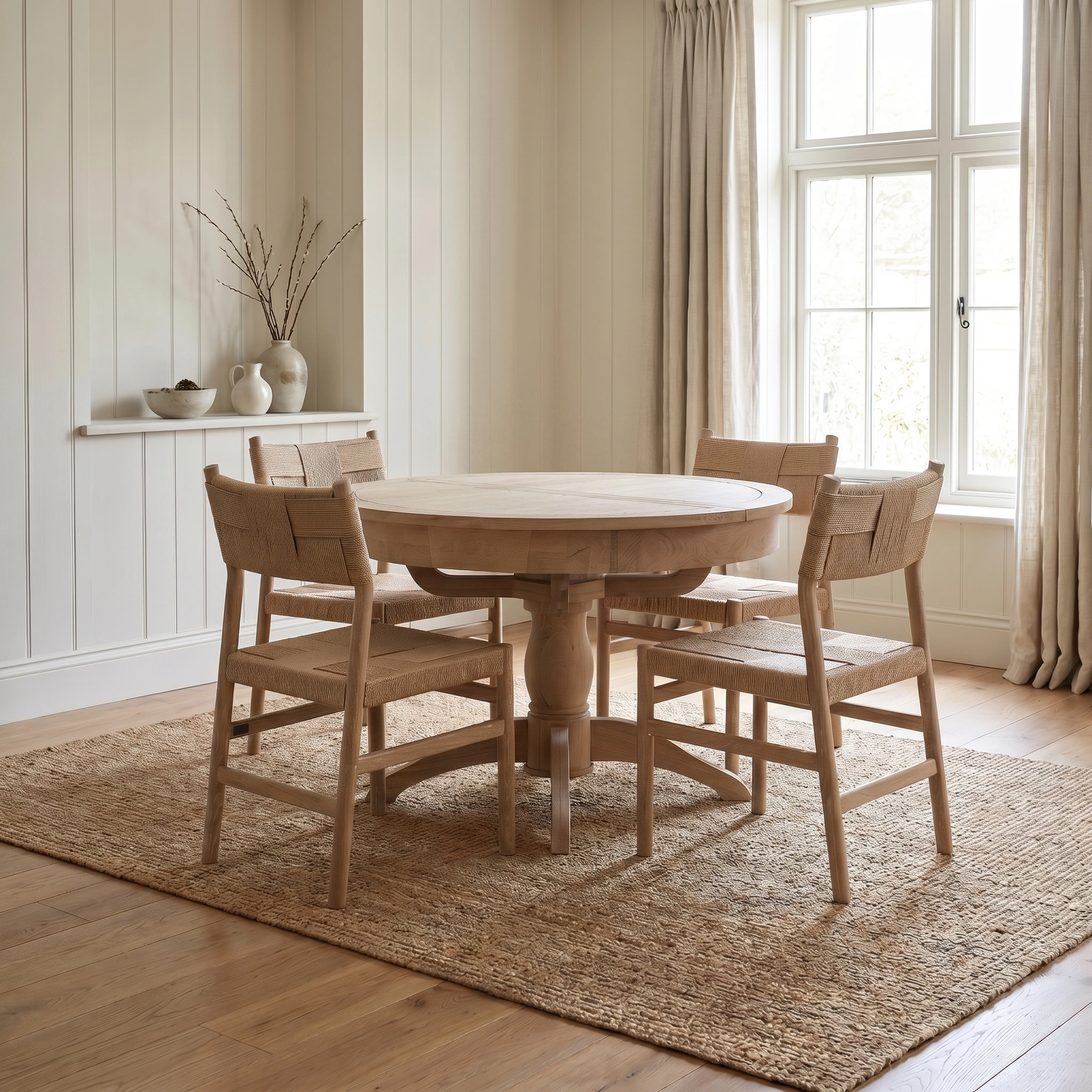 The Amberley 4 Seat Round Extending Dining Set with Marlow Woven Dining Chairs in Light Oak creates an inviting farmhouse feel in a bright, minimalist room.