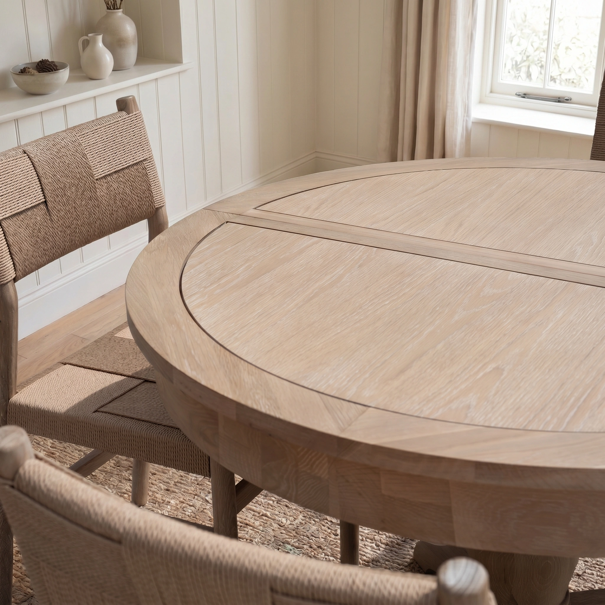 The Amberley 4 Seat Round Extending Dining Set with Marlow Woven Dining Chair in Light Oak creates a cozy farmhouse vibe in a bright, sunlit room.