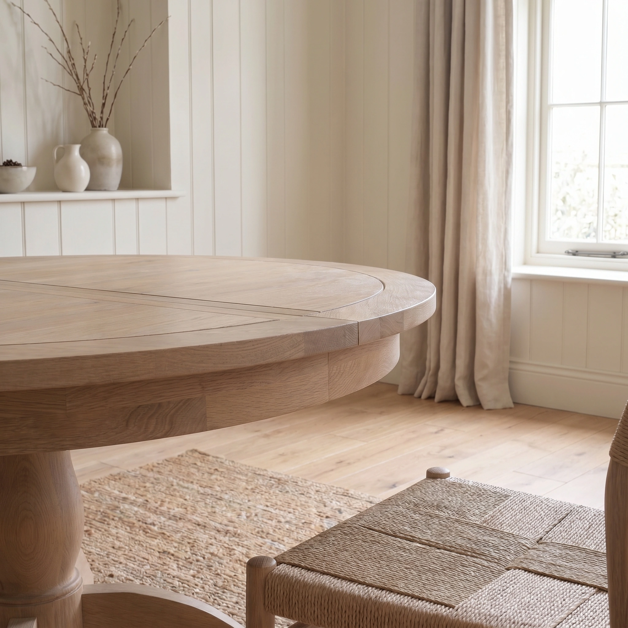 The Amberley 4 Seat Round Extending Dining Set with Marlow Woven Dining Chair in Light Oak enhances a bright minimalist room with light wood floors and neutral decor.