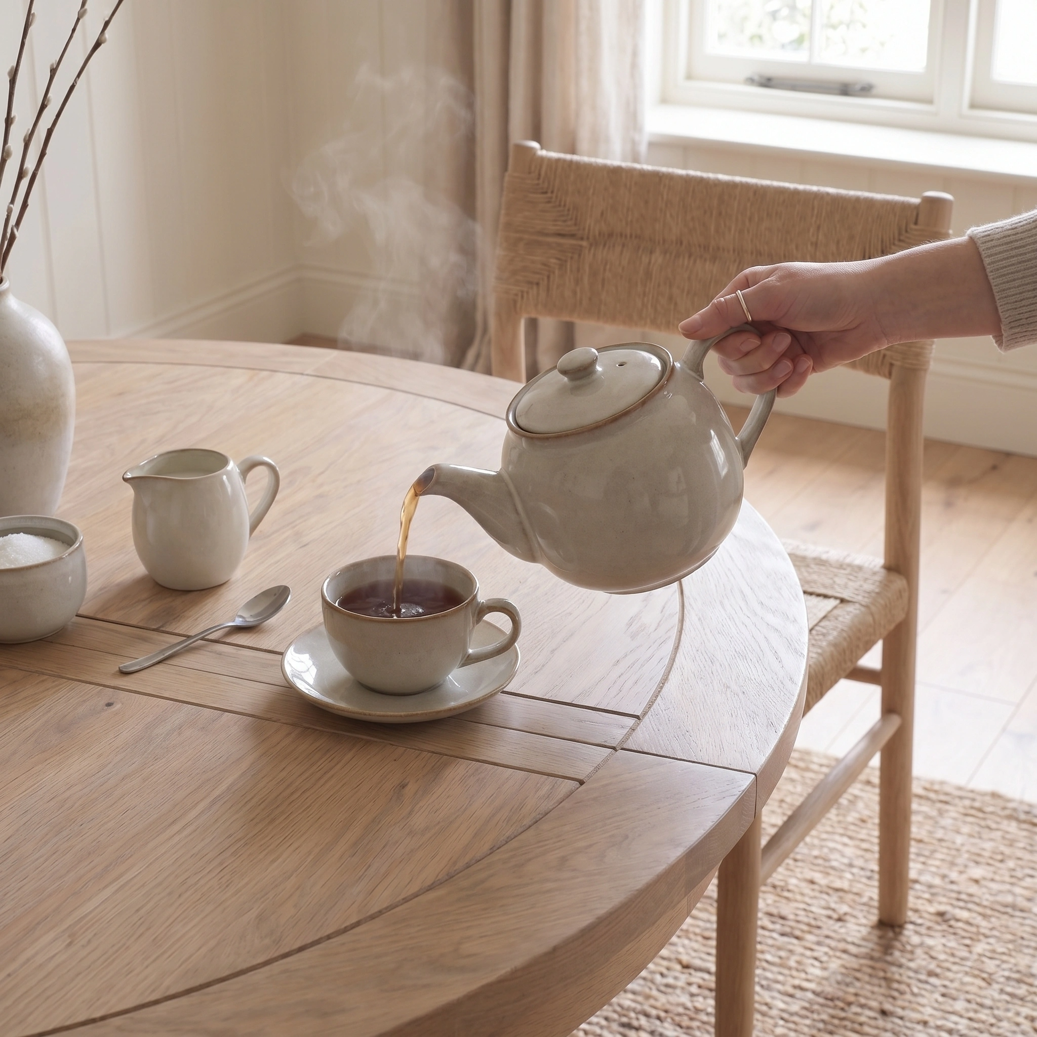 A hand pours tea from a teapot into a cup on the Amberley 4-6 Seater Round Extending Dining Table in Light Oak, set in a cozy, sunlit room.