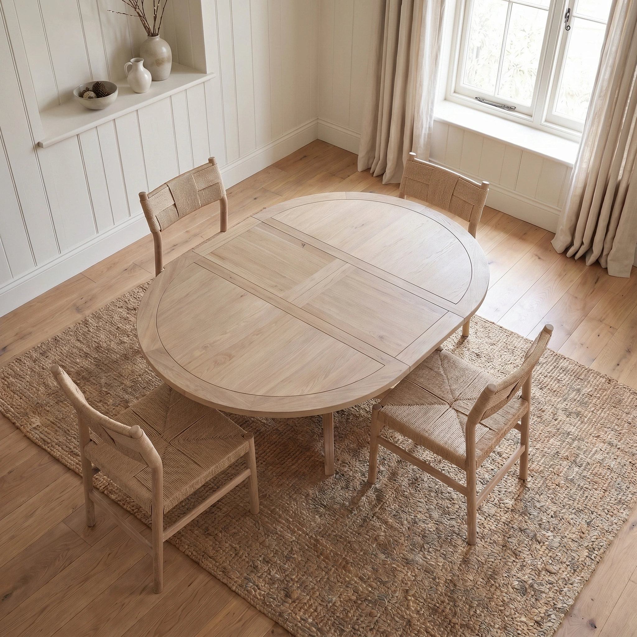The Amberley 4-6 Seater Round Extending Dining Table in Light Oak, paired with matching chairs on a woven rug in a bright, minimal room, features smooth lines and sturdy craftsmanship.