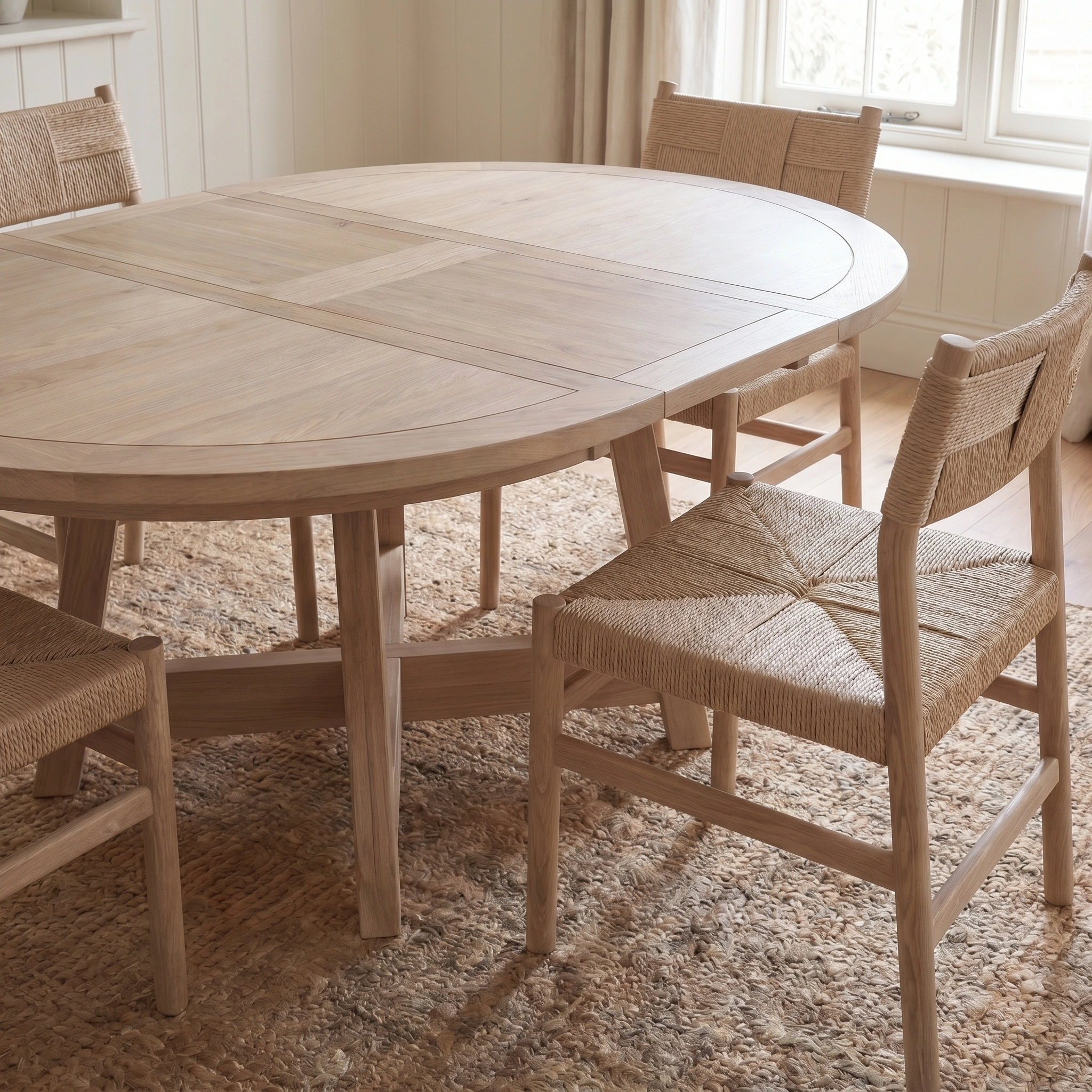 The Amberley 4-6 Seater Round Extending Dining Table in Light Oak, paired with four woven chairs on a textured beige rug, creates an inviting and elegant dining area in a bright room.