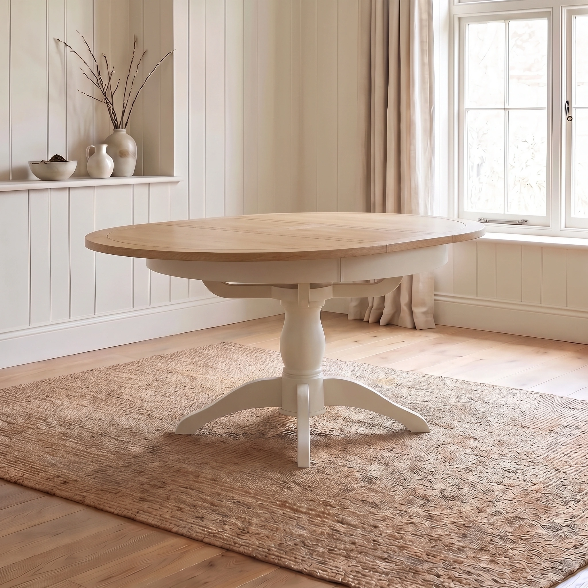 The Amberley 4-6 Seater Round Extending Dining Table in Warm White, featuring a pedestal base, sits on a woven rug in a bright, airy room.