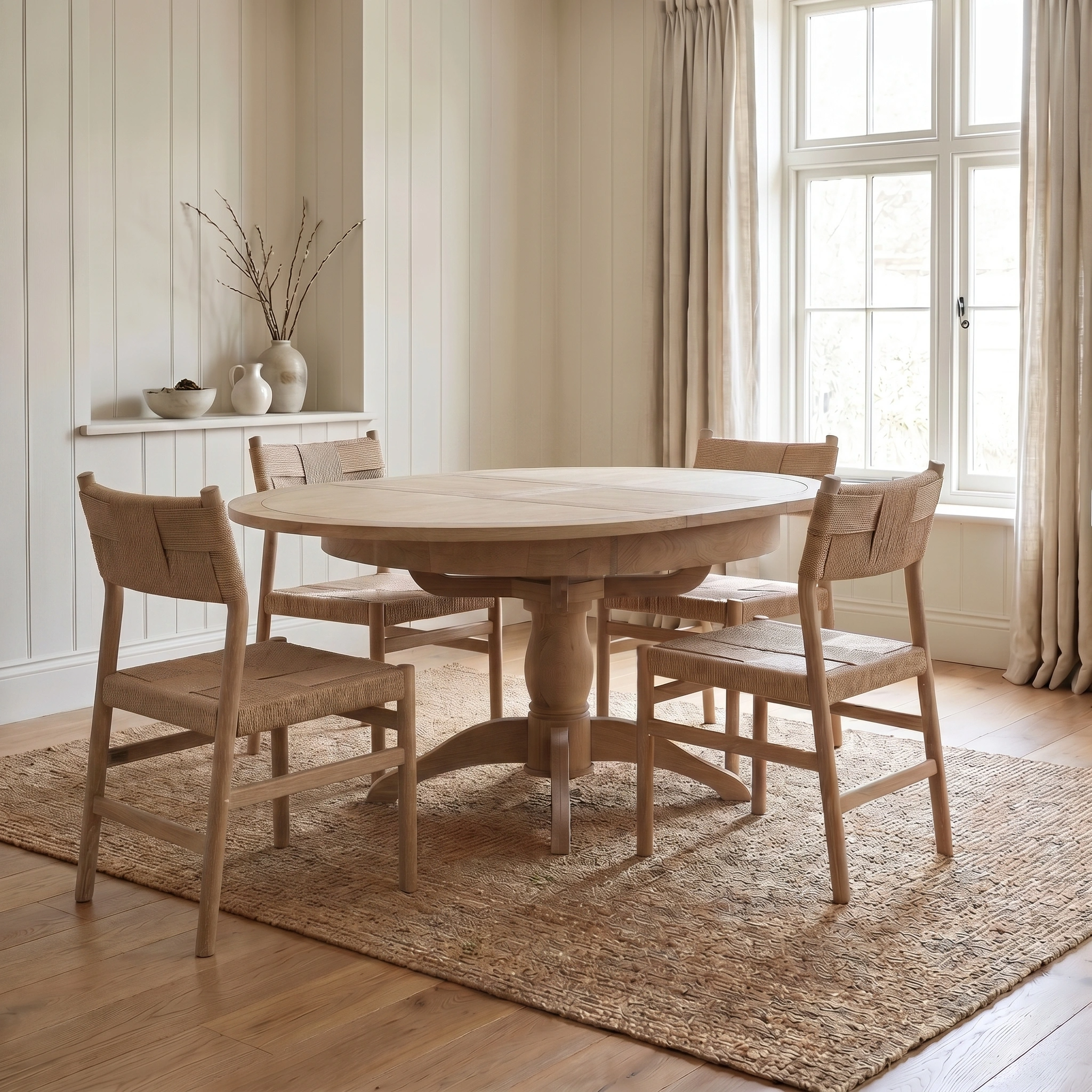 The Amberley 4-6 Seater Round Extending Dining Table in Light Oak, shown with four chairs on a woven rug in a bright, minimalist room with large windows, features a butterfly leaf extension for added versatility.