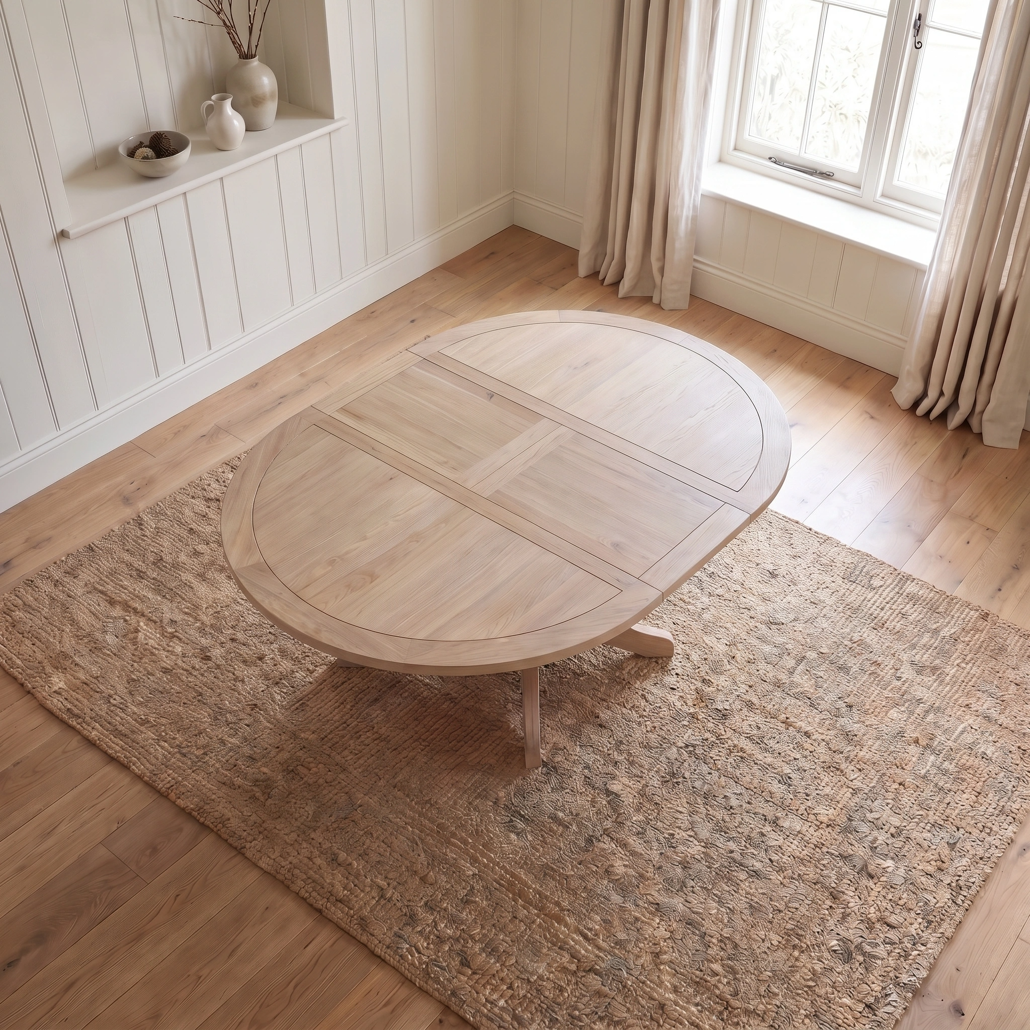 A round wooden coffee table sits on a woven rug in a bright, minimalist living room, echoing the timeless elegance of the Amberley 4-6 Seater Round Extending Dining Table in Light Oak.