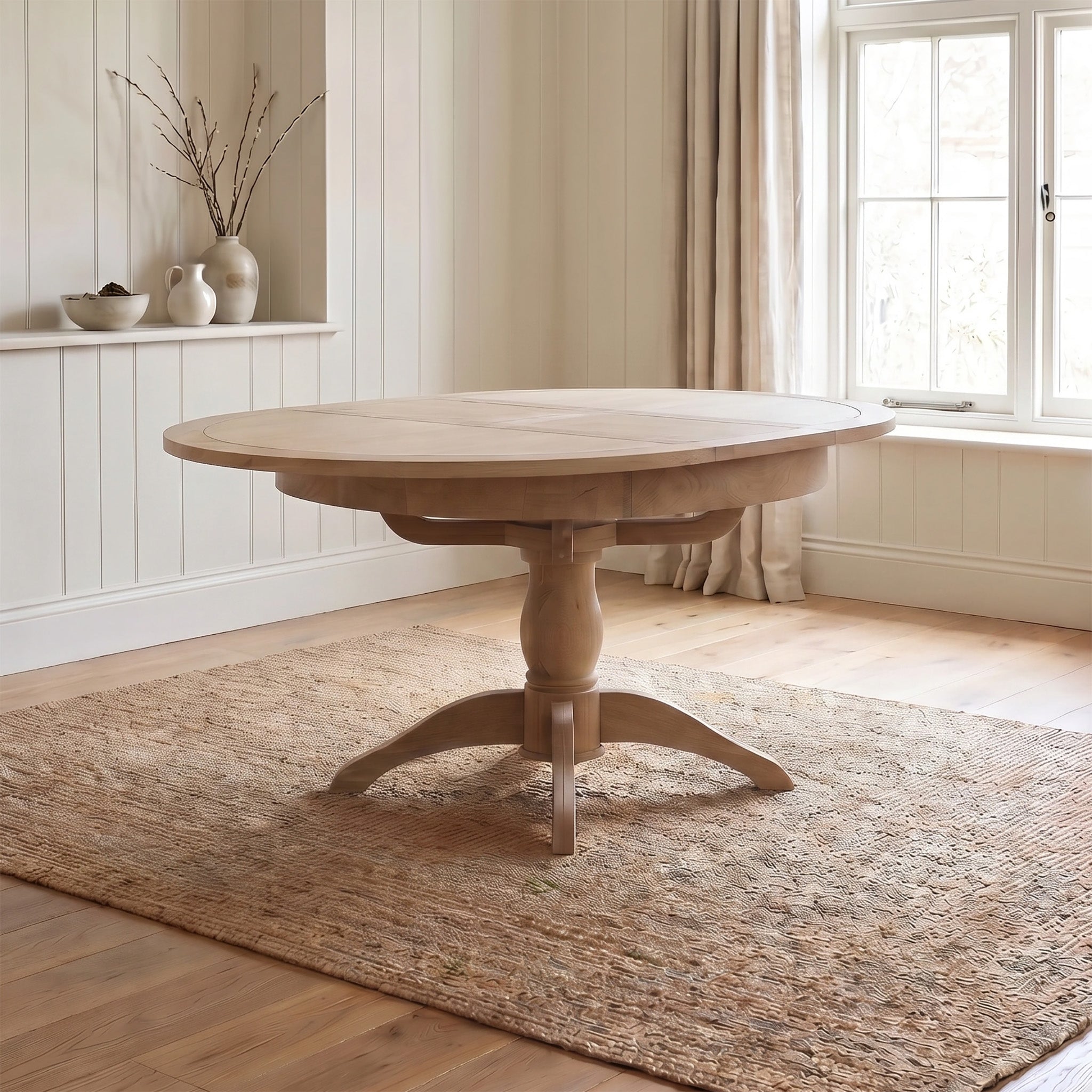 Amberley 4-6 Seater Round Extending Dining Table in Light Oak placed on a woven rug in a bright room with white walls and a large window.