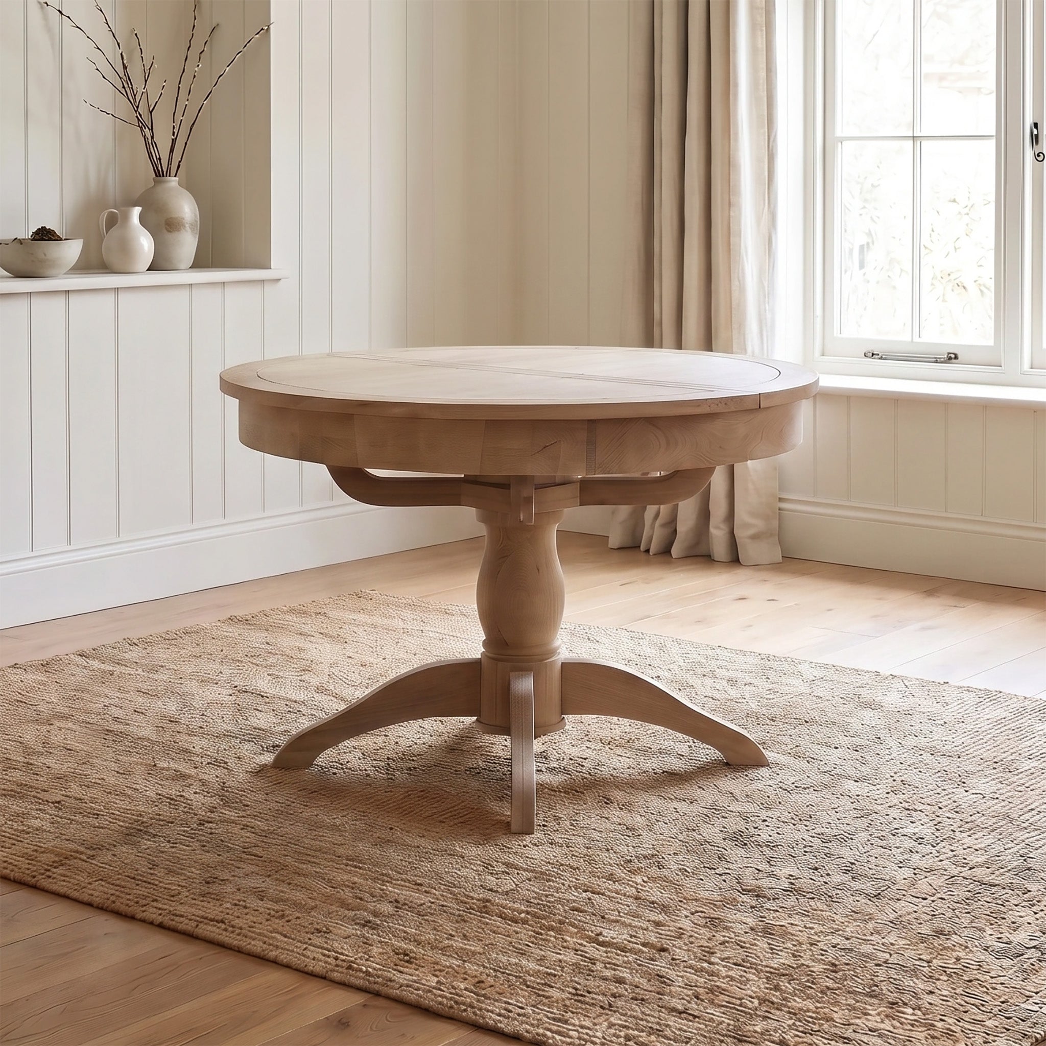 The Amberley 4-6 Seater Round Extending Dining Table in Light Oak sits on a woven rug in a bright room with light wood floors and a window, blending both style and function for effortless entertaining.