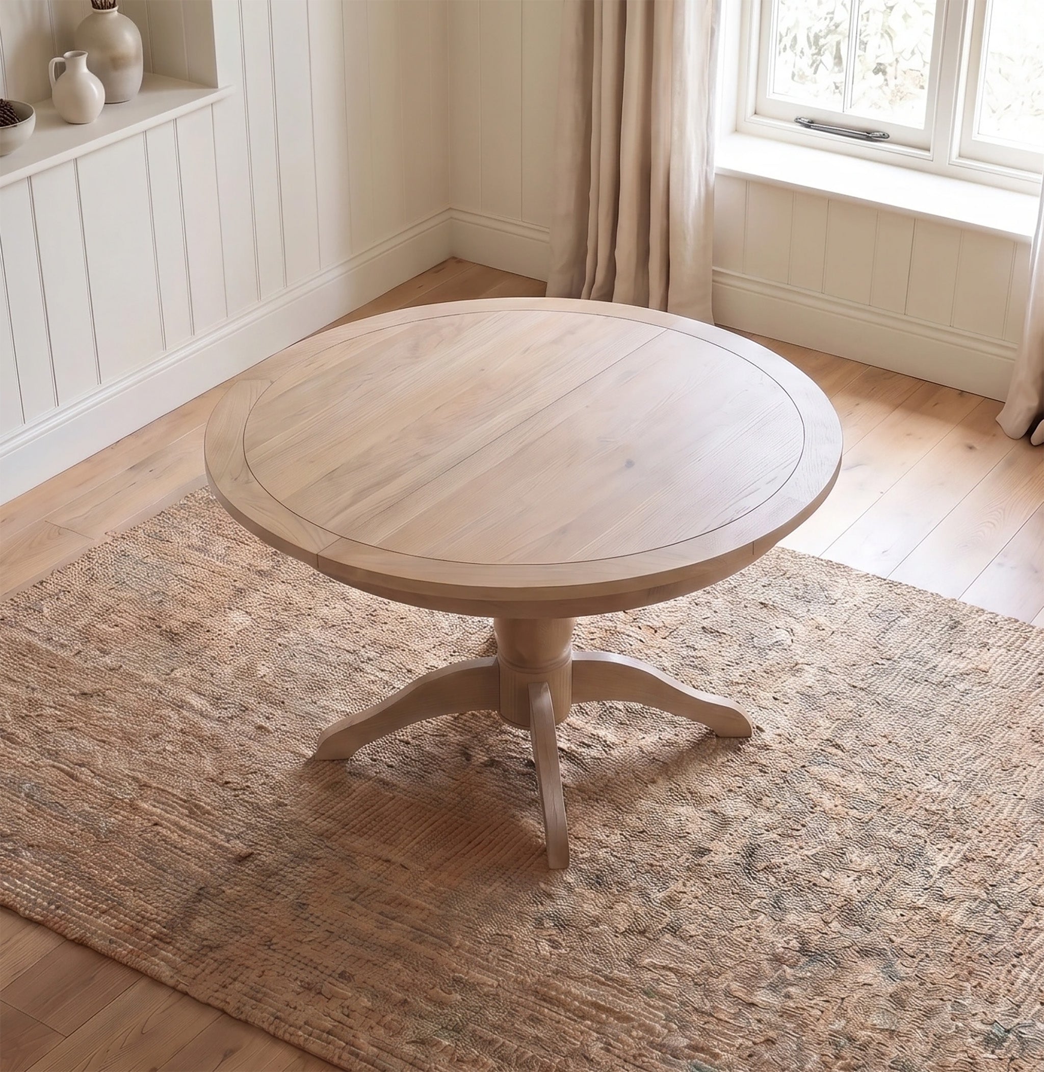 The Amberley 4-6 Seater Round Extending Dining Table in Light Oak, featuring a pedestal base and butterfly leaf extension, sits atop a textured rug in a sunlit room with wood floors. Elegant and versatile, this solid oak table is perfect for gathering with family and friends.